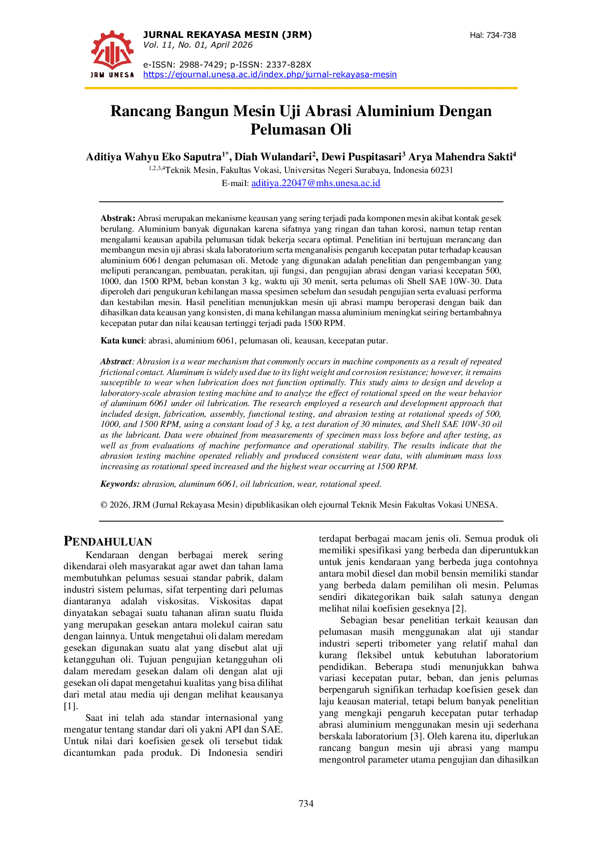 JURIS Design and Construction of an Aluminum Material Abrasion Testing Machine Against Oil Lubrication