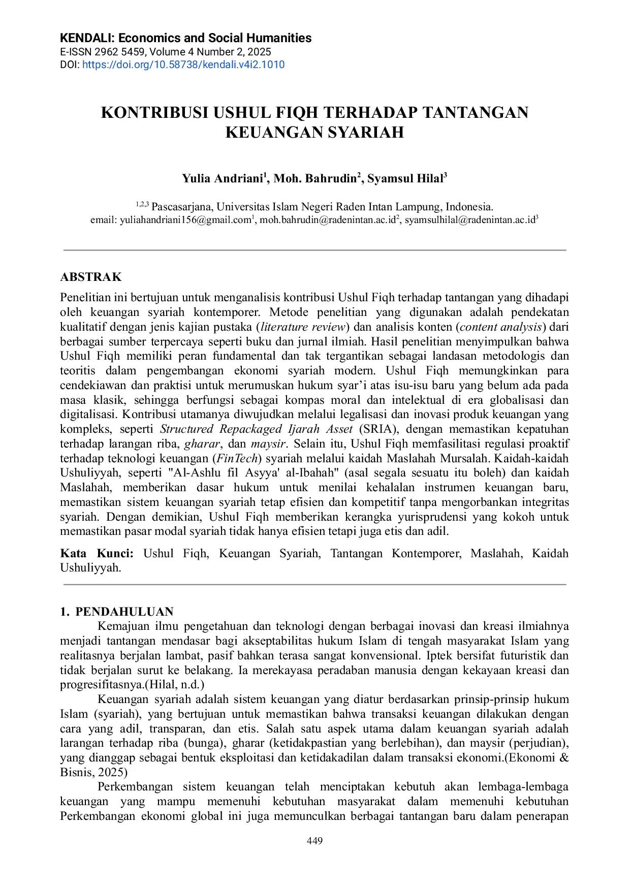 JURIS Kontribusi Ushul Fiqh Terhadap Tantangan Keuangan Syariah