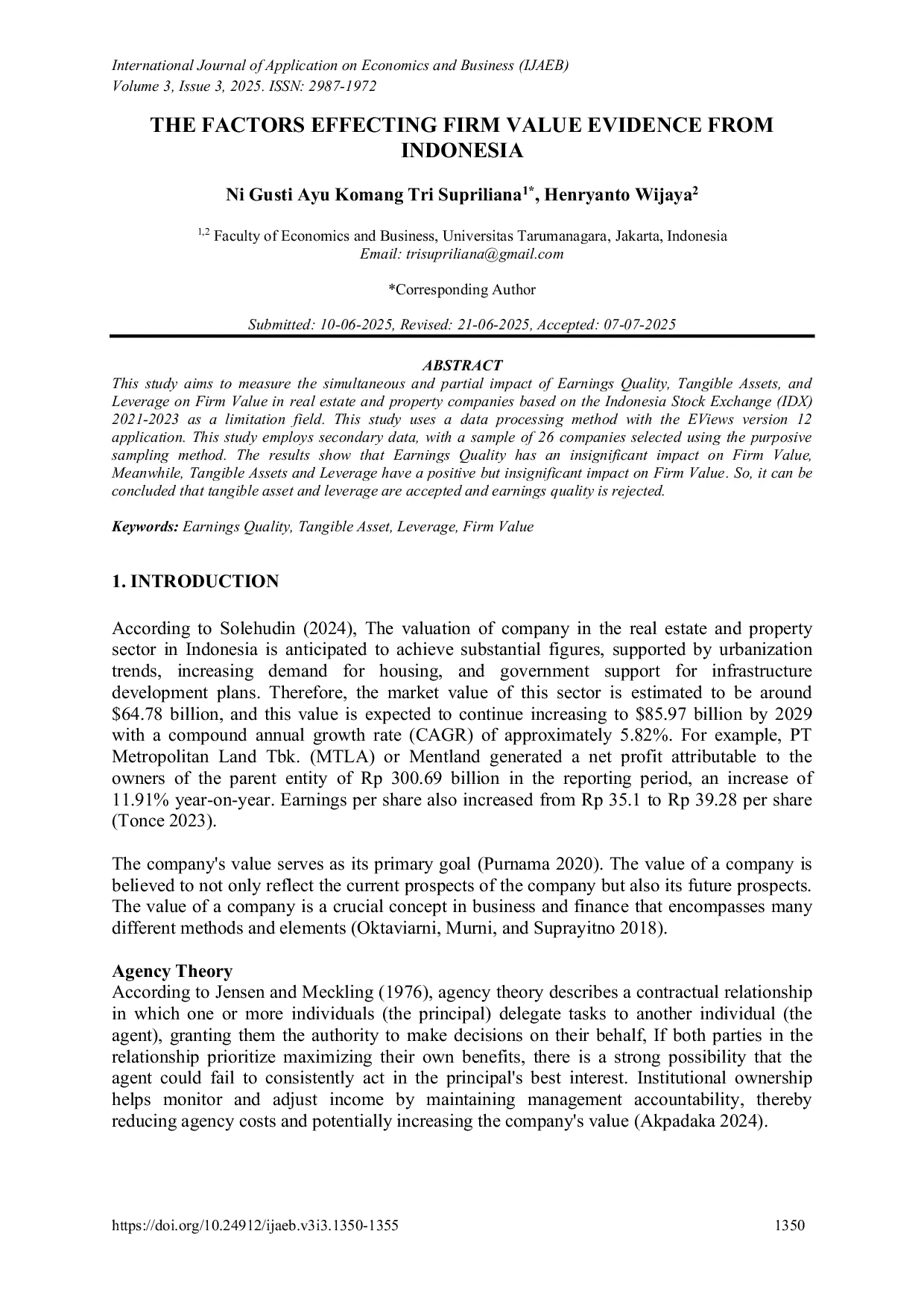 JURIS The Factors Effecting Firm Value Evidence From Indonesia