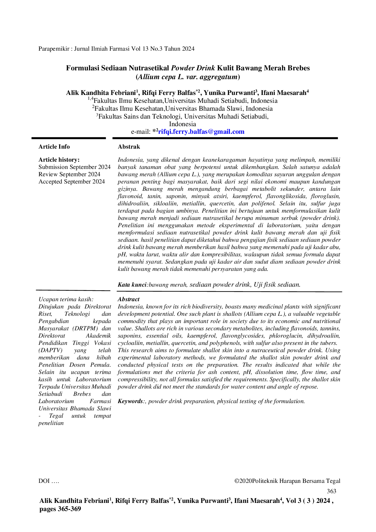 JURIS FORMULASI SEDIAAN NUTRASETIKAL POWDER DRINK KULIT BAWANG MERAH BREBES Allium cepa L var aggregatum