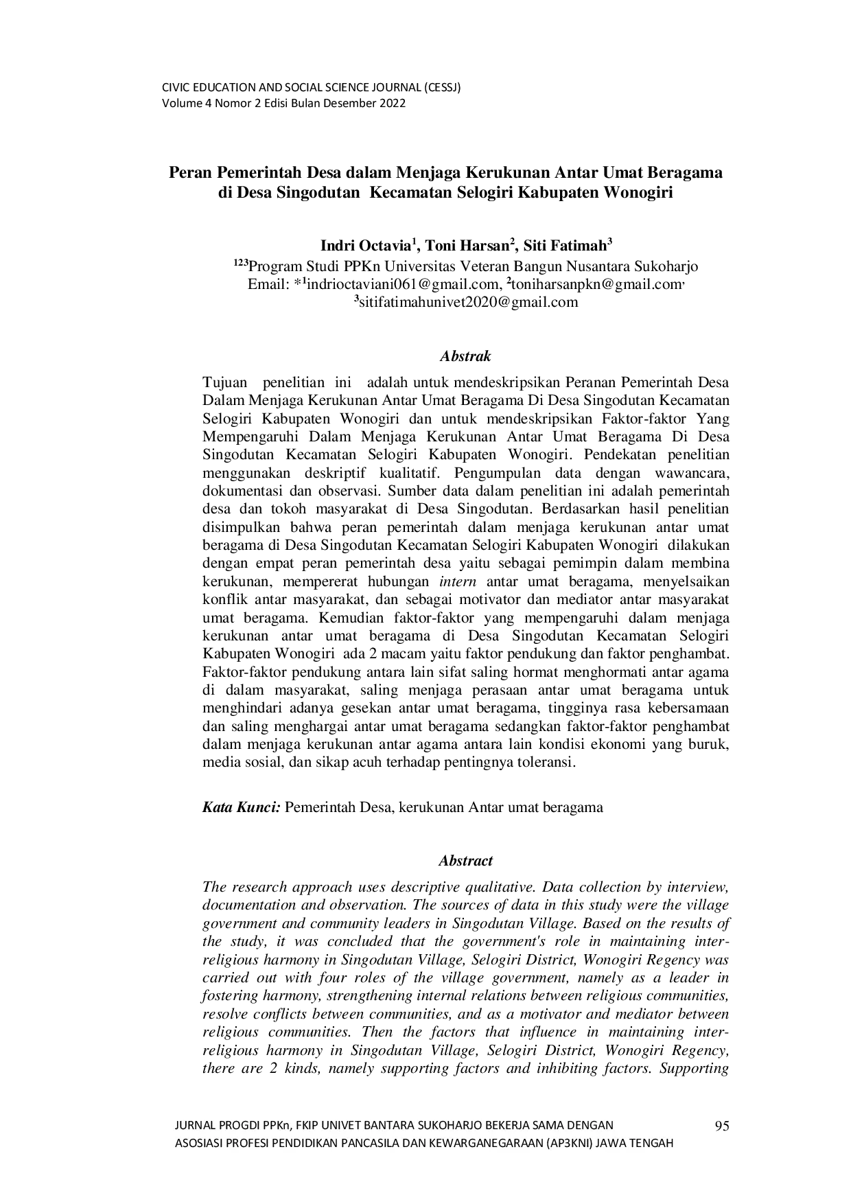 JURIS Peran Pemerintah Desa dalam Menjaga Kerukunan Antar Umat Beragama di Desa Singodutan Kecamatan Selogiri Kabupaten Wonogiri