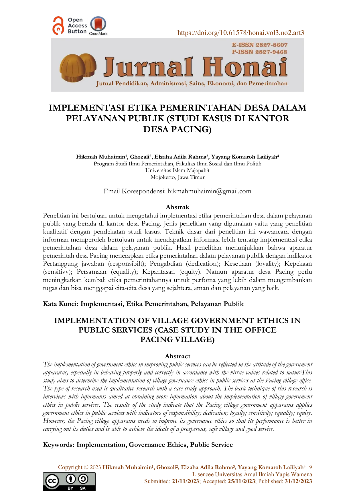 JURIS Implementasi Etika Pemerintahan Desa Dalam Pelayanan Publik Studi Kasus di Kantor Desa Pacing