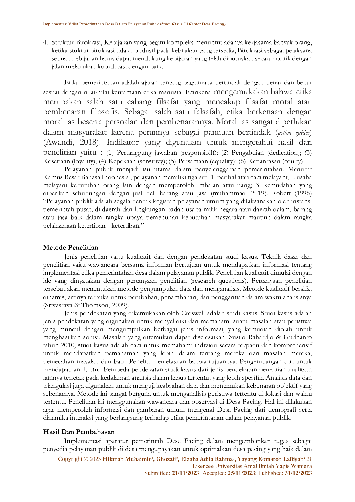 JURIS Implementasi Etika Pemerintahan Desa Dalam Pelayanan Publik Studi Kasus di Kantor Desa Pacing