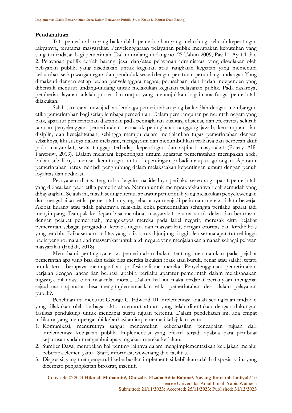 JURIS Implementasi Etika Pemerintahan Desa Dalam Pelayanan Publik Studi Kasus di Kantor Desa Pacing