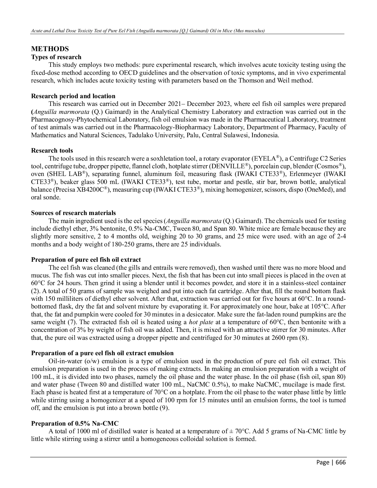 JURIS Acute and Lethal Dose Toxicity Test of Pure Eel Fish Anguilla marmorata Q Gaimard Oil in Mice Mus musculus