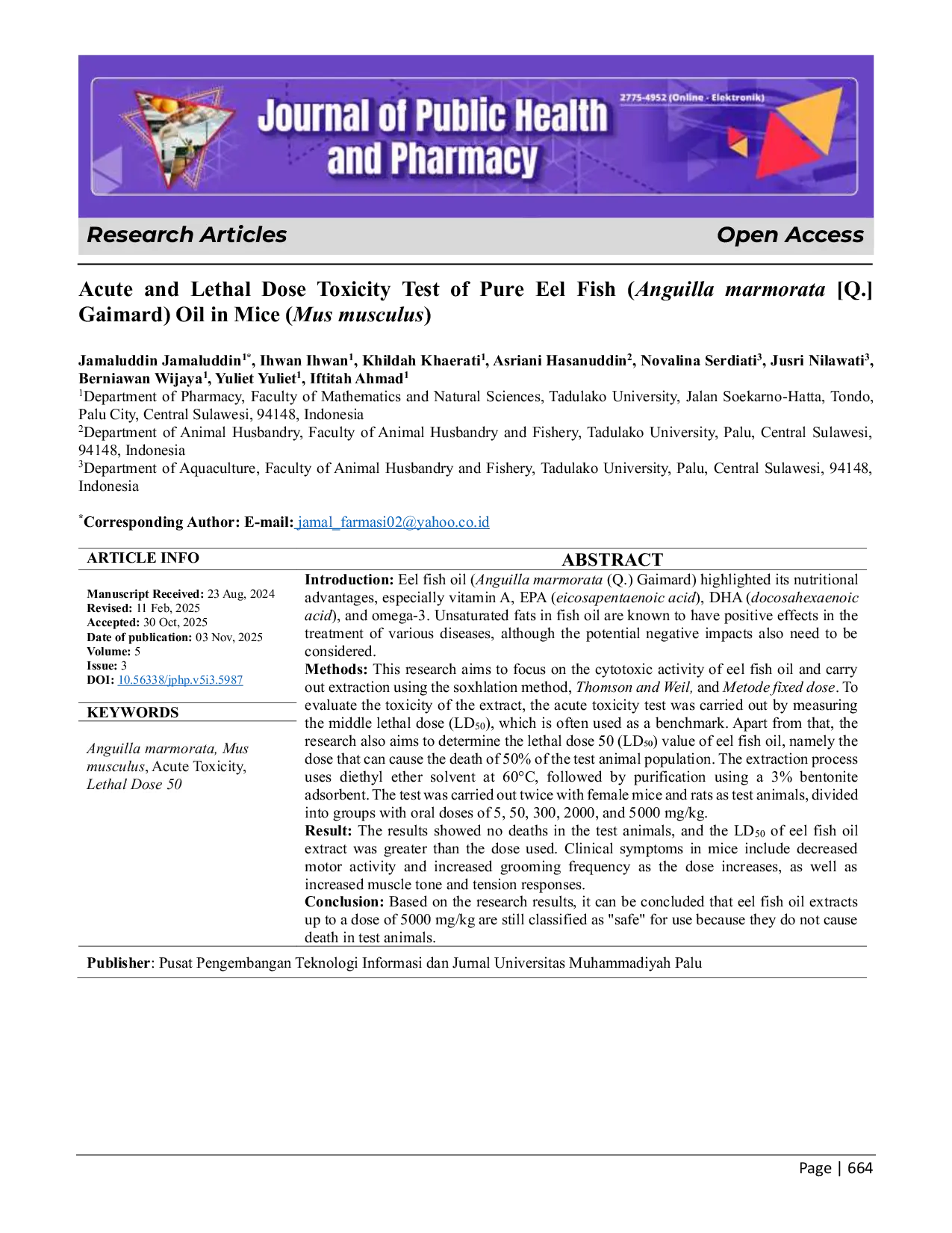 JURIS Acute and Lethal Dose Toxicity Test of Pure Eel Fish Anguilla marmorata Q Gaimard Oil in Mice Mus musculus