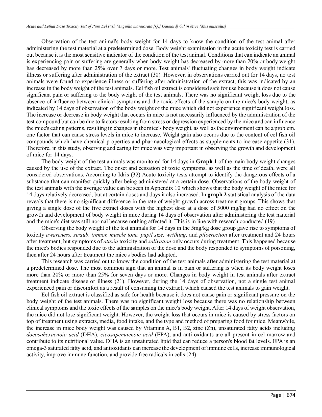 JURIS Acute and Lethal Dose Toxicity Test of Pure Eel Fish Anguilla marmorata Q Gaimard Oil in Mice Mus musculus