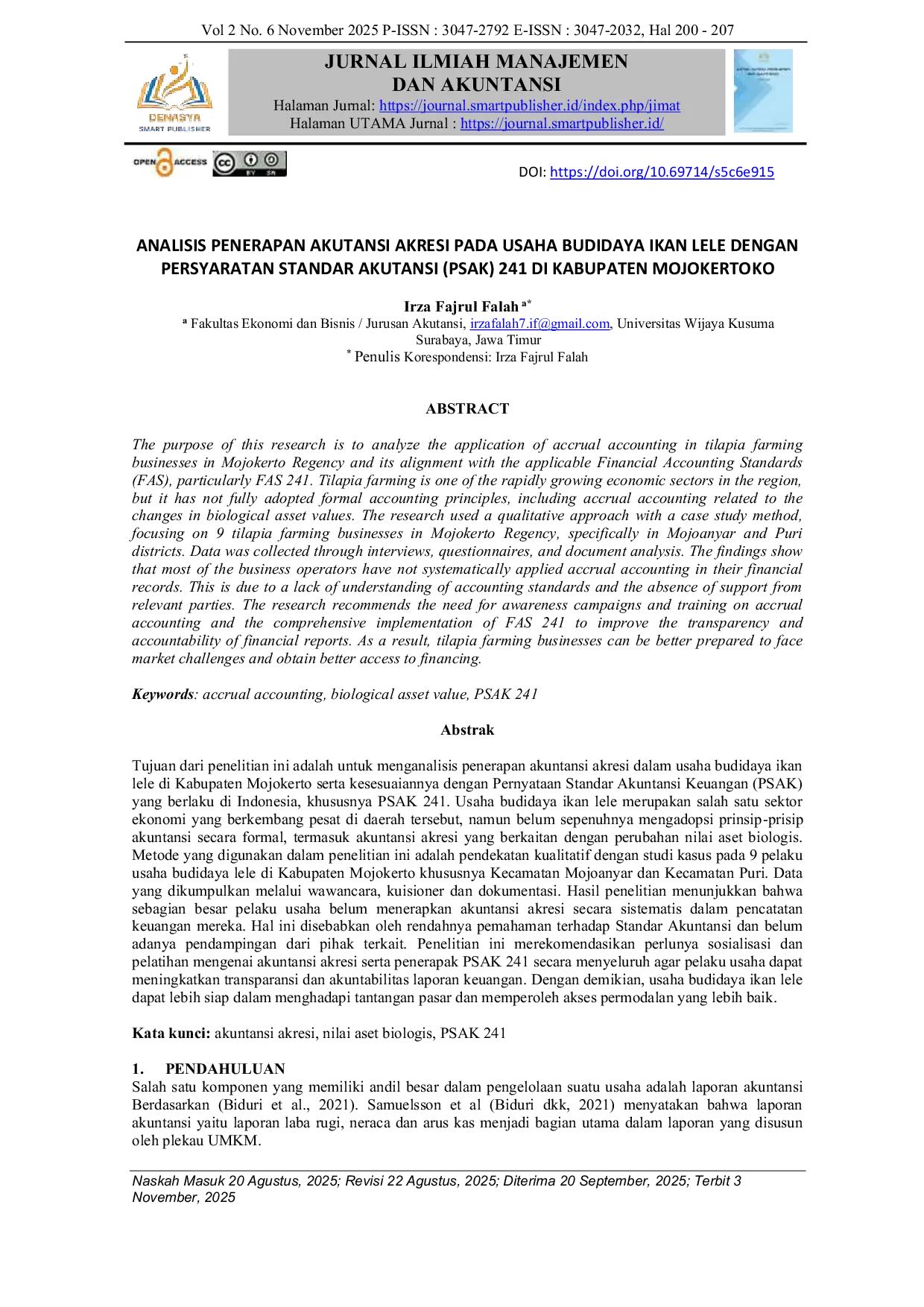 JURIS Analisis Penerapan Akuntansi Akresi pada Usaha Budidaya Ikan Lele dengan Persyaratan Standar Akuntansi PSAK 241 di Kabupaten Mojokerto