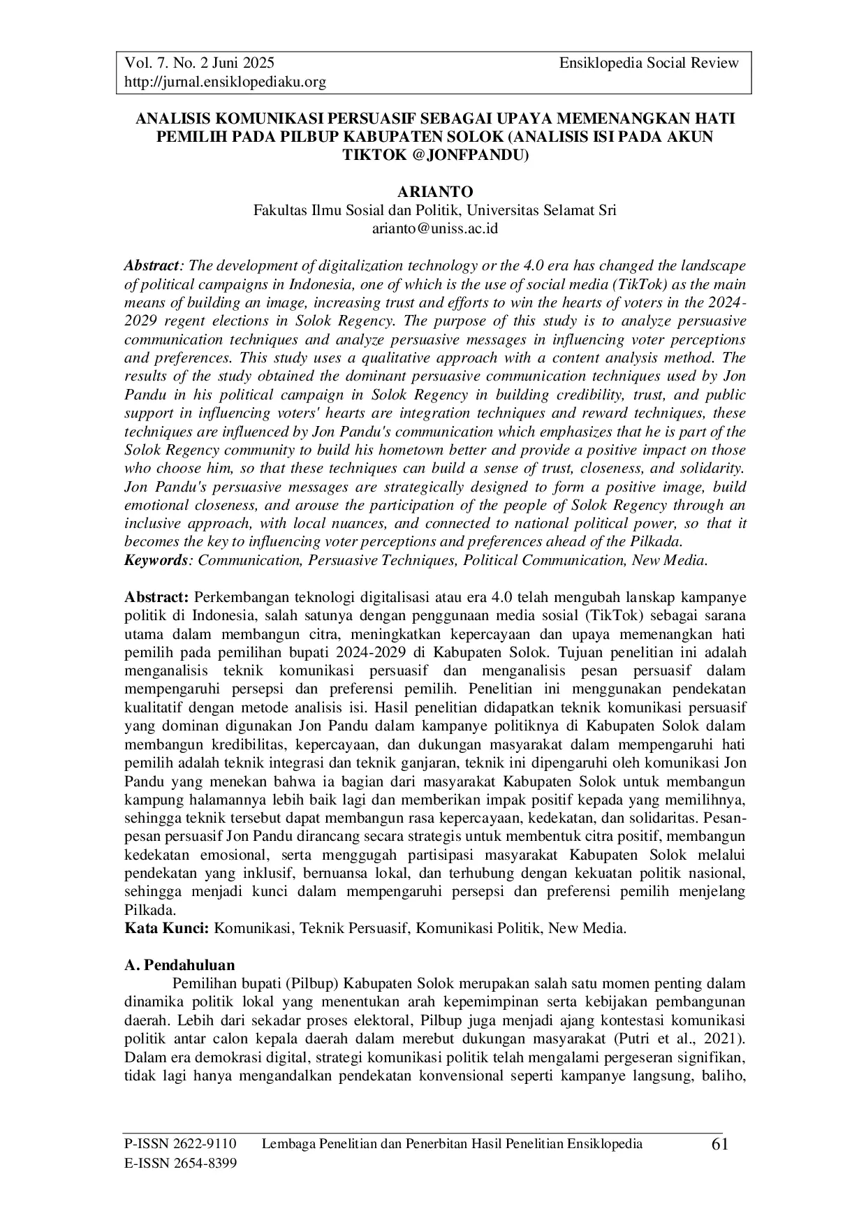 JURIS Analisis Komunikasi Persuasif Sebagai Upaya Memenangkan Hati Pemilih Pada Pilbup Kabupaten Solok Analisis Isi Pada Akun TikTok jonfpandu
