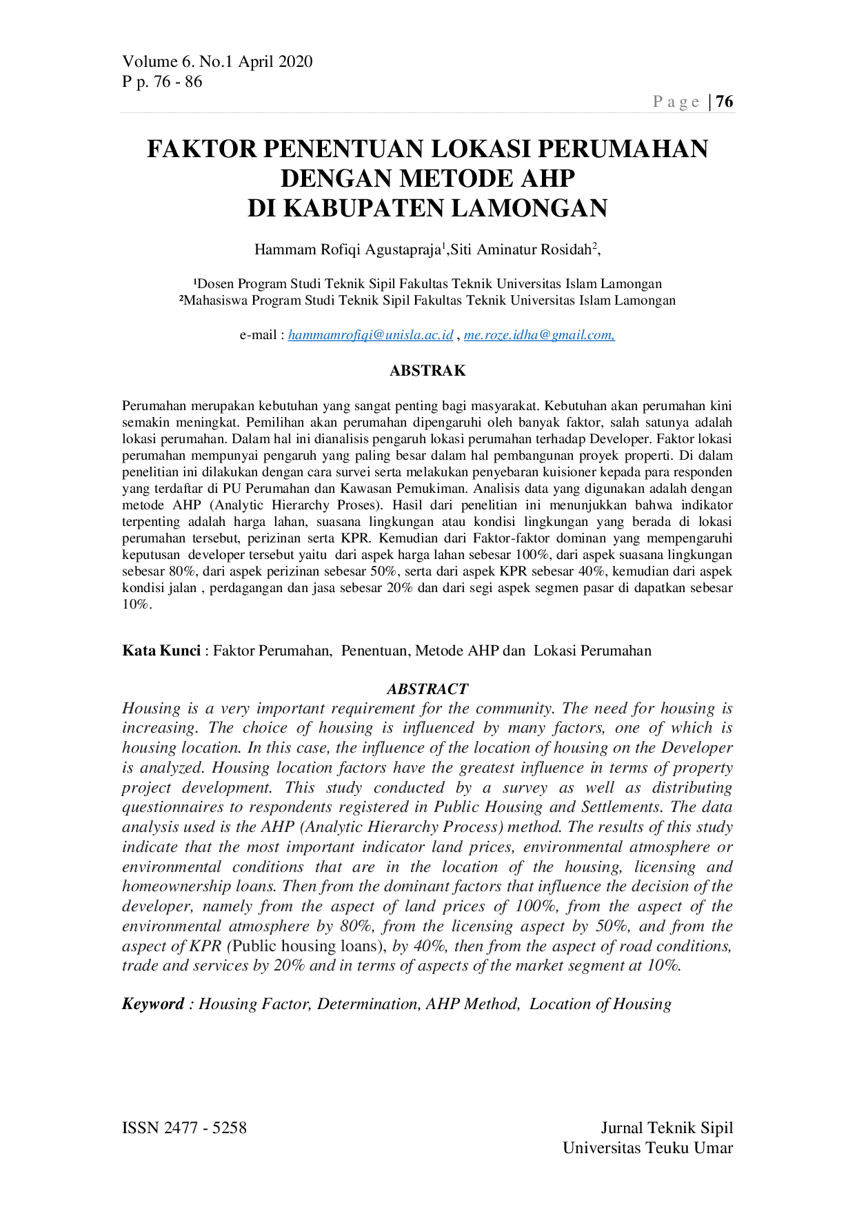 JURIS Faktor Penentuan Lokasi Perumahan Dengan Metode AHP Di Kabupaten Lamongan