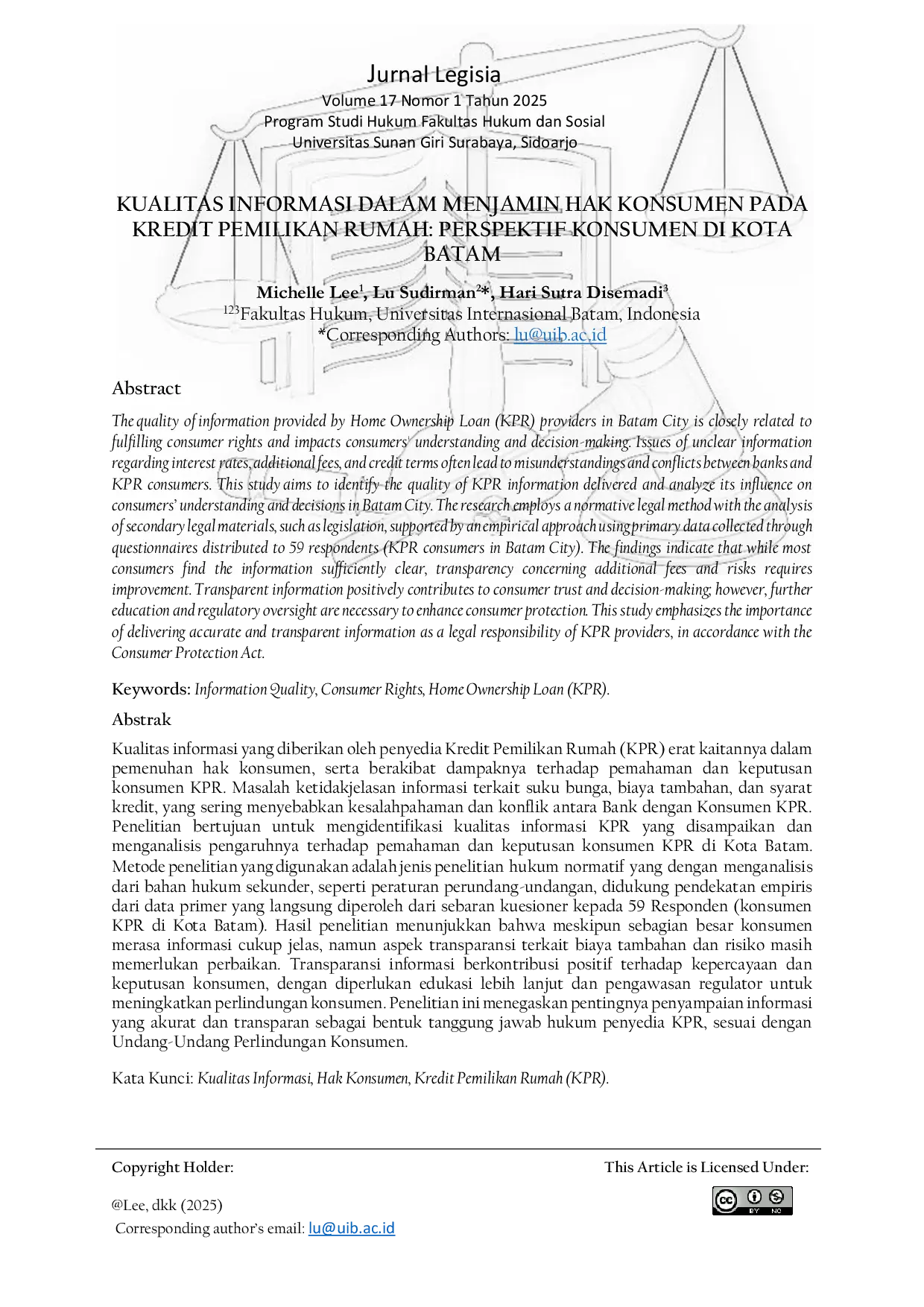 JURIS Kualitas Informasi Dalam Menjamin Hak Konsumen Pada Kredit Pemilikan Rumah Perspektif Konsumen di Kota Batam
