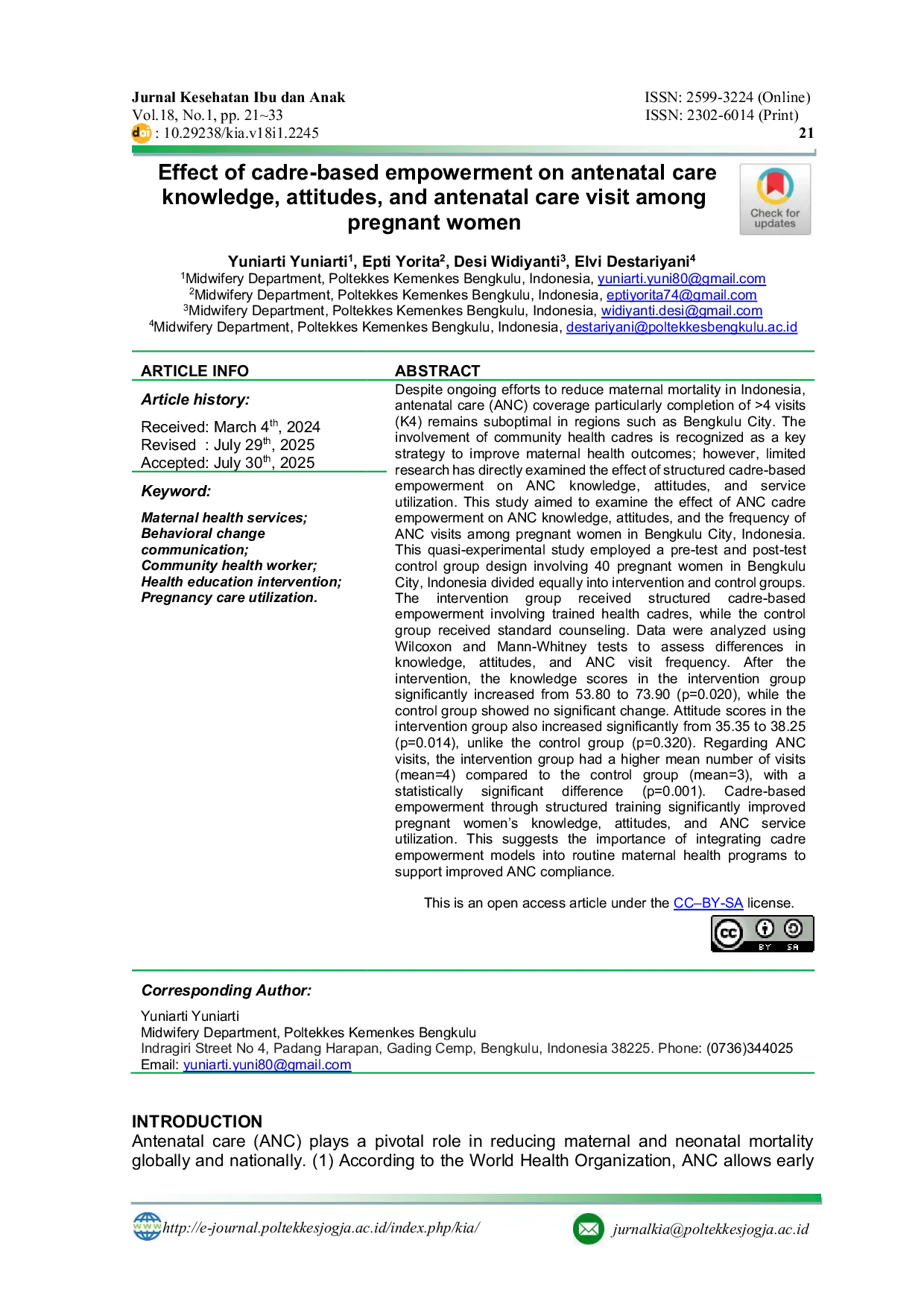 JURIS Effect of cadre based empowerment on antenatal care knowledge attitudes and antenatal care visit among pregnant women