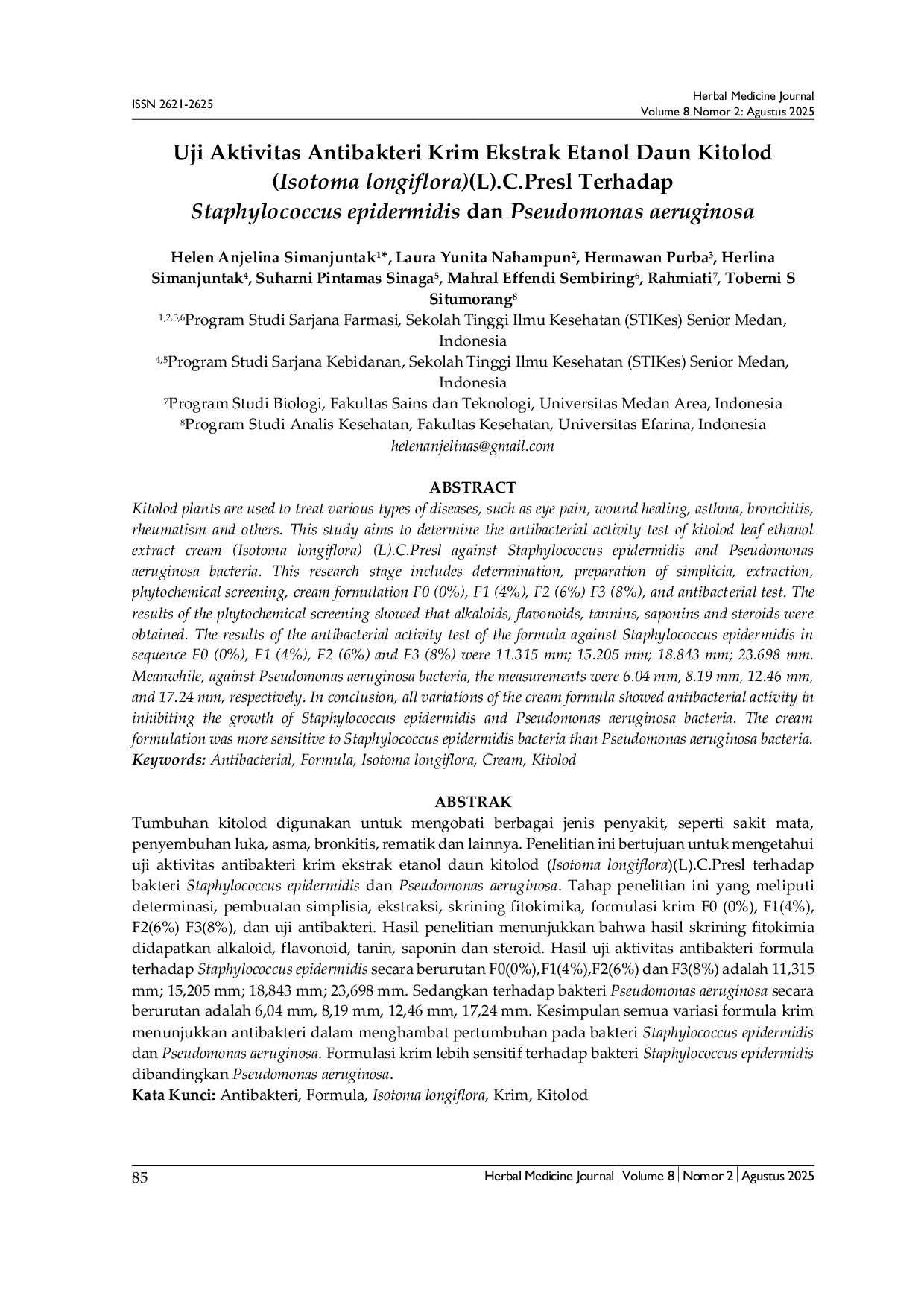 JURIS Uji Aktivitas Antibakteri Krim Ekstrak Etanol Daun Kitolod Isotoma longiflora L C Presl Terhadap Staphylococcus epidermidis dan Pseudomonas aeruginosa