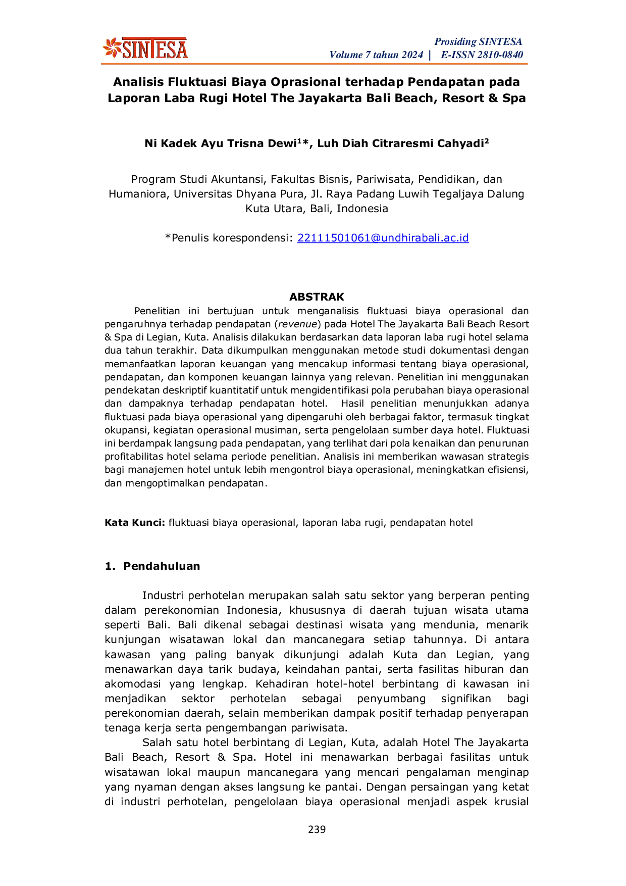 JURIS Analisis Fluktuasi Biaya Oprasional terhadap Pendapatan pada Laporan Laba Rugi Hotel The Jayakarta Bali Beach Resort Spa