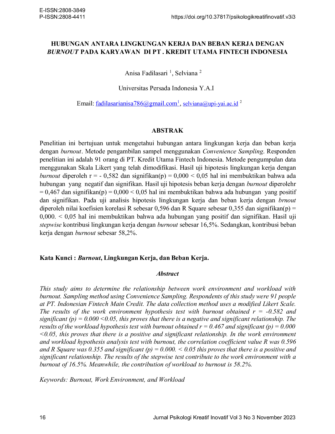 JURIS Hubungan Antara Lingkungan Kerja Dan Beban Kerja dengan Burnout Pada Karyawan di PT KREDIT UTAMA FINTECH INDONESIA