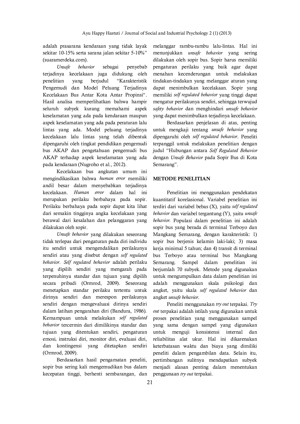 JURIS Hubungan Antara Self Regulated Behavior dengan Unsafe Behavior pada Sopir Bus di Kota Semarang