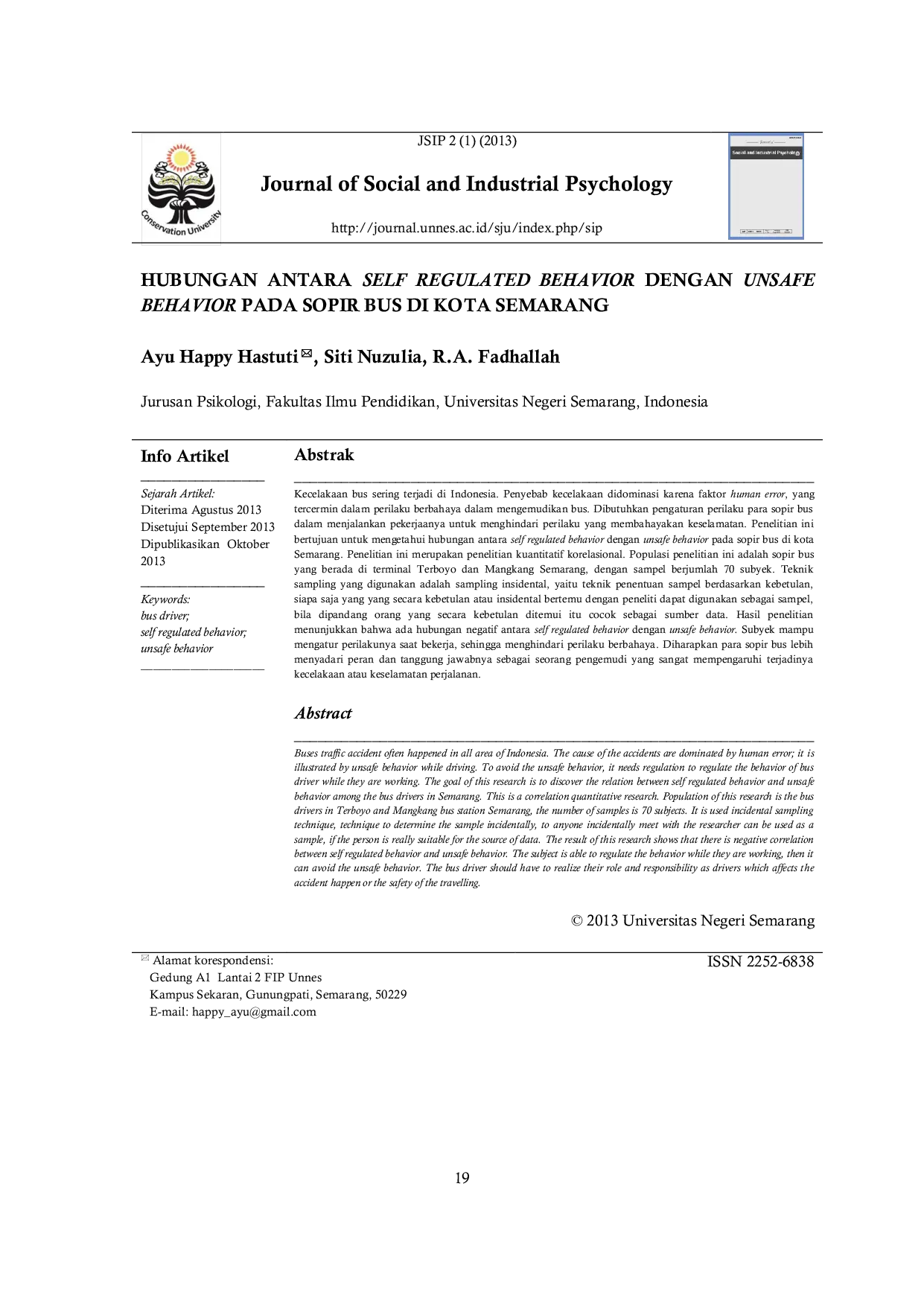 JURIS Hubungan Antara Self Regulated Behavior dengan Unsafe Behavior pada Sopir Bus di Kota Semarang