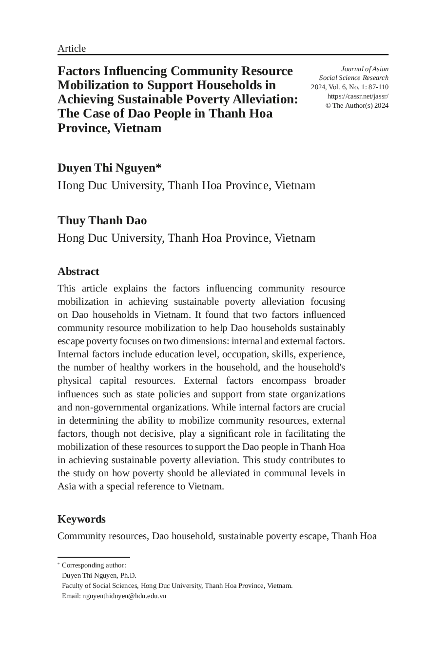 JURIS Factors Influencing Community Resource Mobilization to Support Households in Achieving Sustainable Poverty Alleviation The Case of Dao People in Thanh Hoa Province Vietnam
