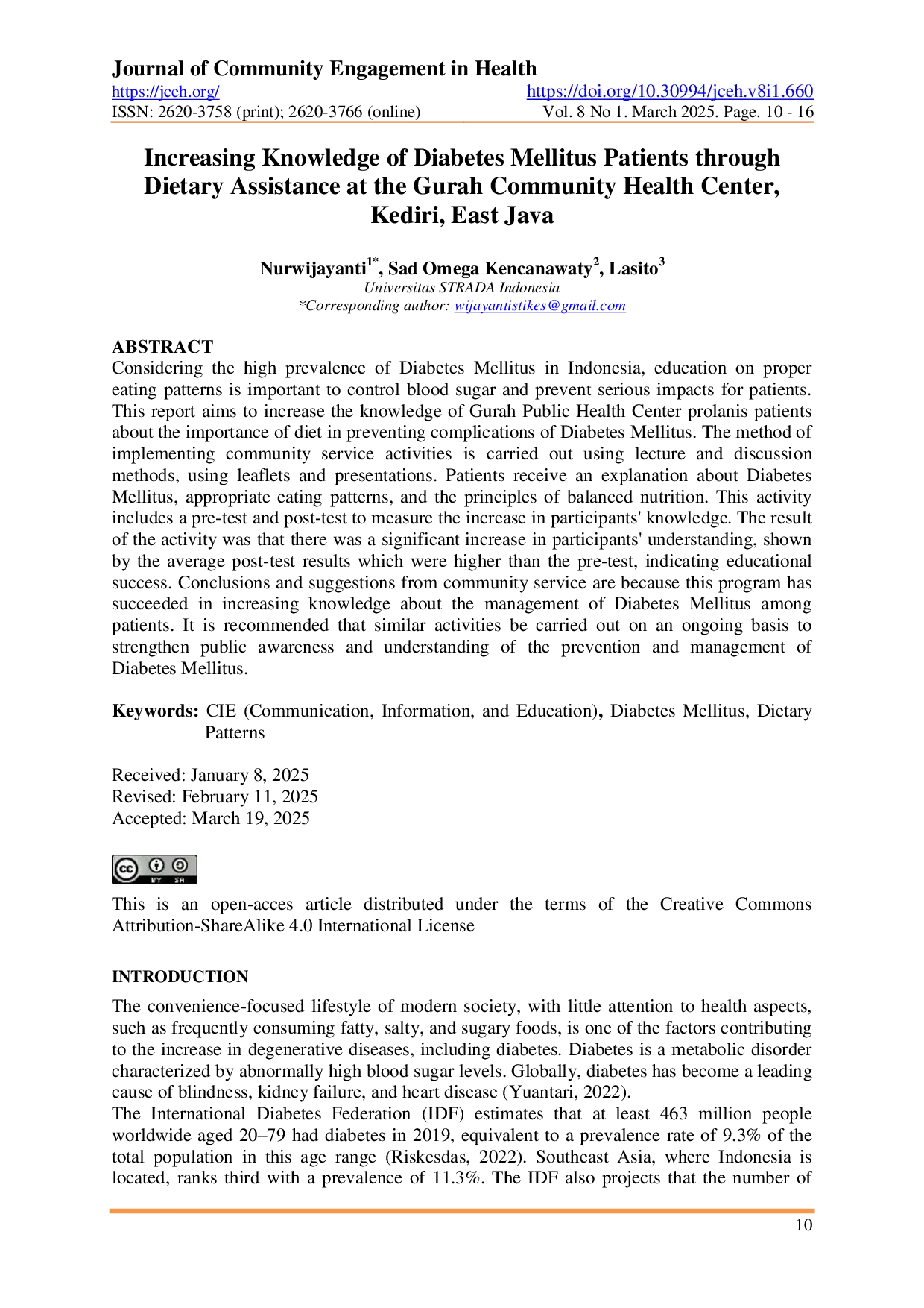 JURIS Increasing Knowledge of Diabetes Mellitus Patients through Dietary Assistance at the Gurah Community Health Center Kediri East Java