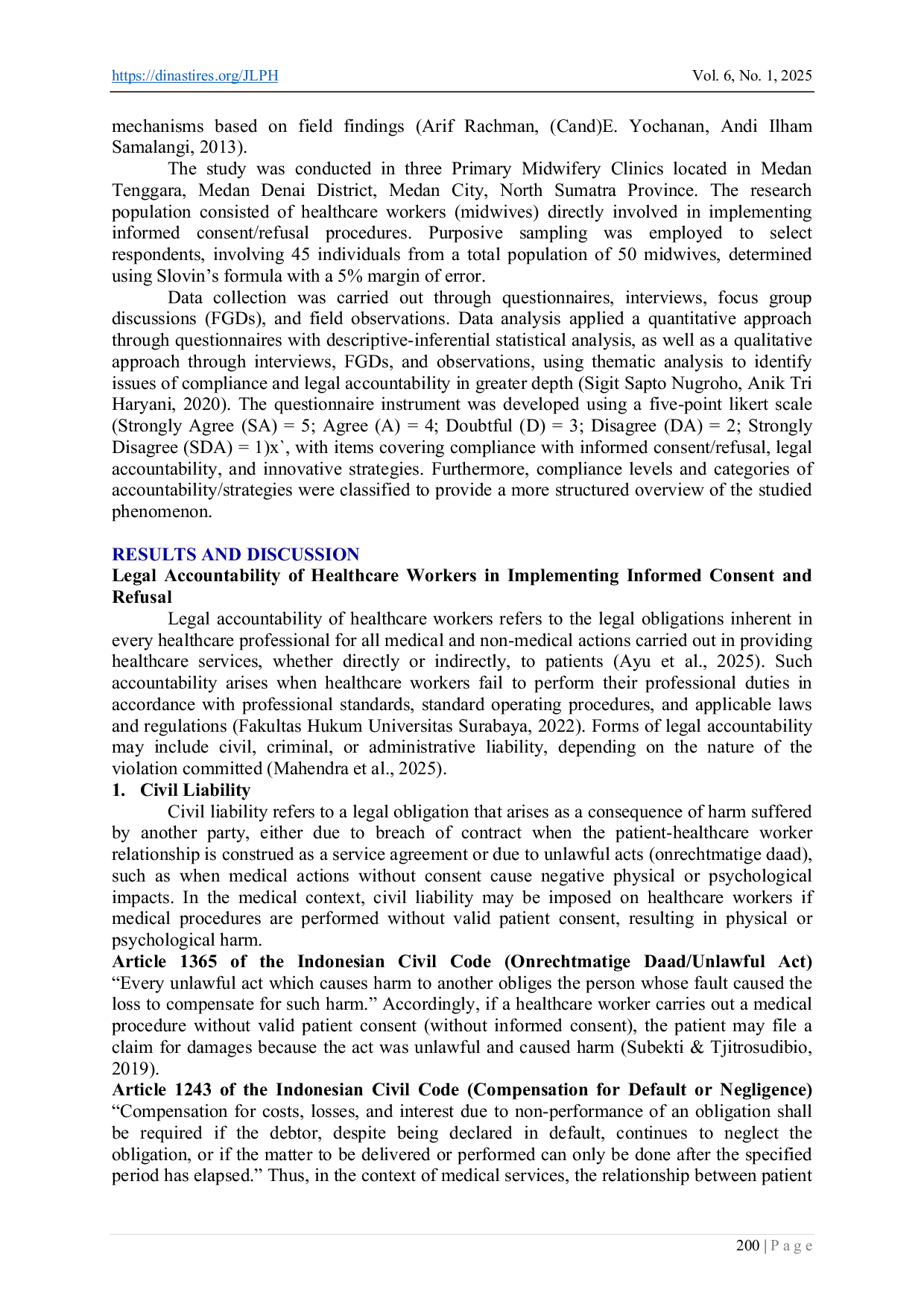 JURIS Legal Accountability and Innovative Strategies in Enhancing Healthcare Workers Compliance with the Implementation of Informed Consent and Refusal in Midwifery Services in Medan City