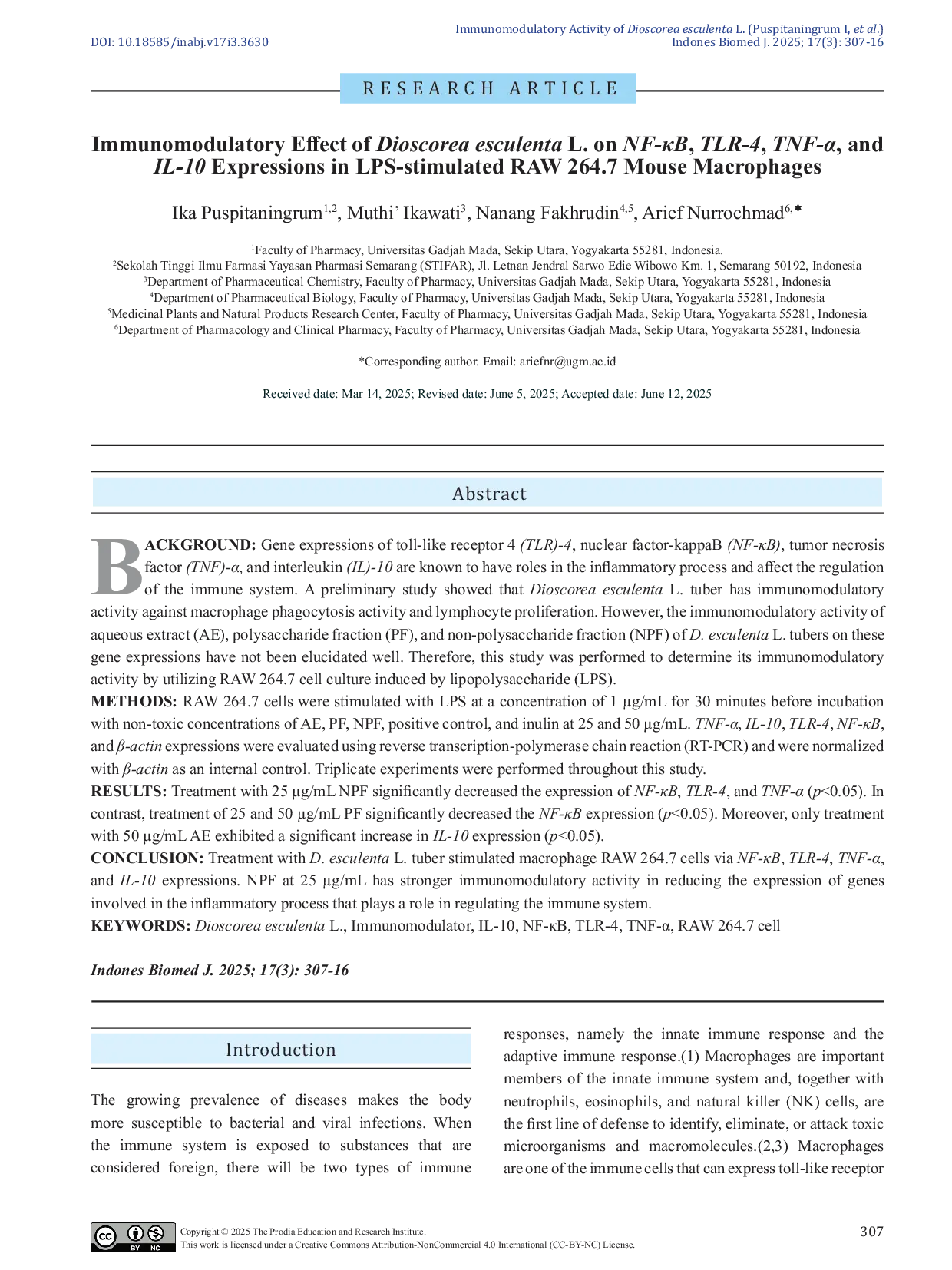 JURIS Immunomodulatory Effect of Dioscorea esculenta L on NF B TLR 4 TNF and IL 10 Expressions in LPS stimulated RAW 264 7 Mouse Macrophages