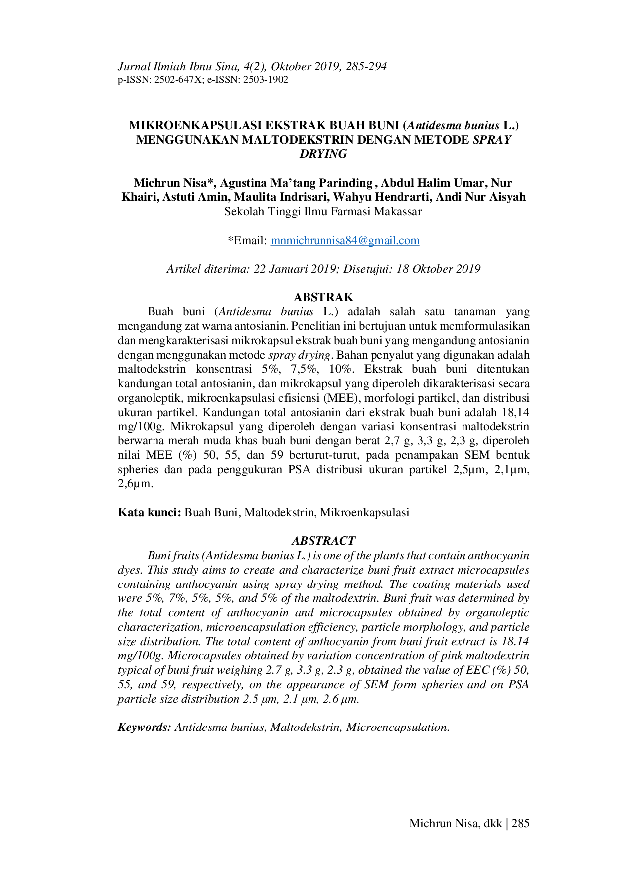 JURIS MIKROENKAPSULASI EKSTRAK BUAH BUNI Antidesma bunius L MENGGUNAKAN MALTODEKSTRIN DENGAN METODE SPRAY DRYING