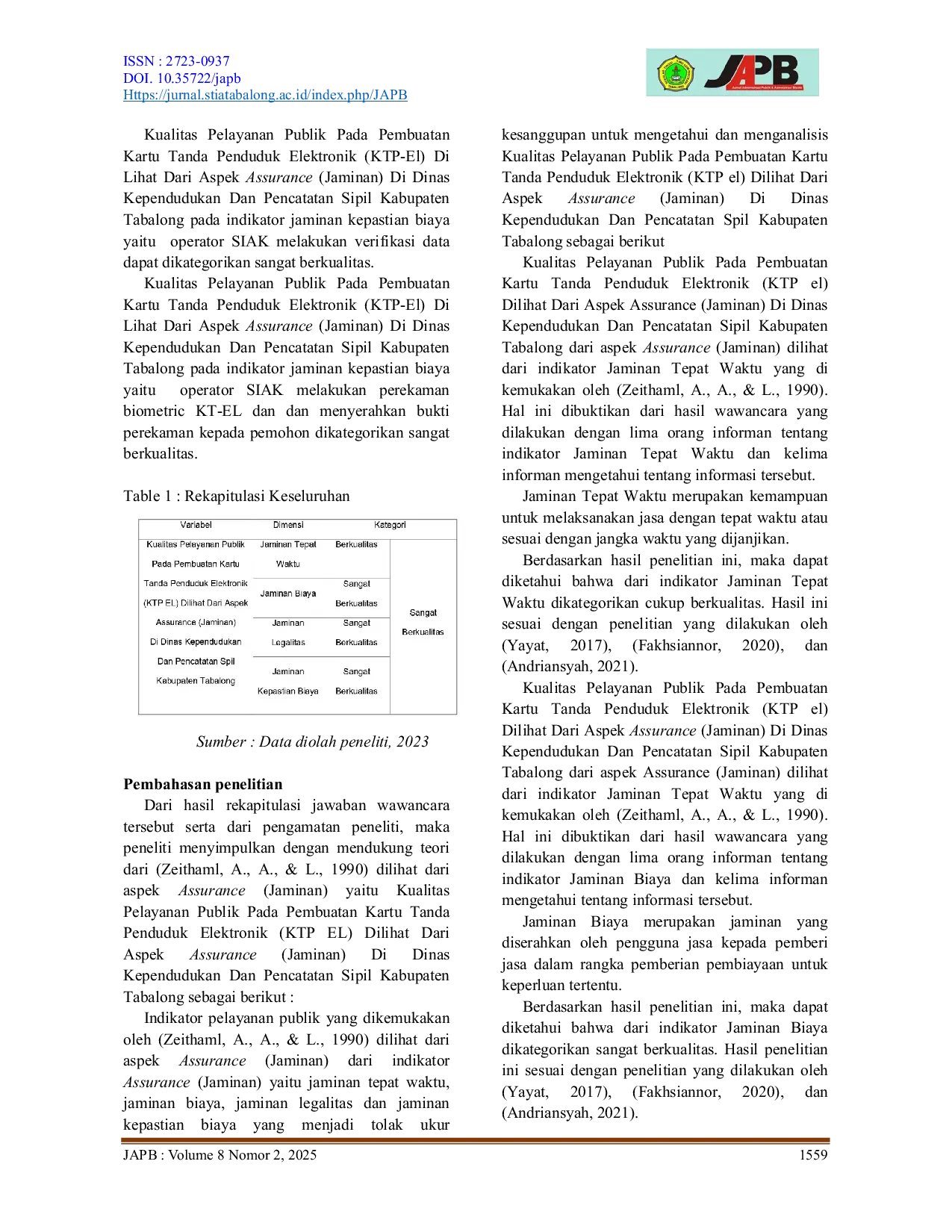 JURIS Kualitas Pelayanan Publik Pada Pembuatan Kartu Tanda Penduduk Elektronik KTP EL Di Lihat Dari Aspek Assurance Jaminan Di Dinas Kependudukan Dan Pencatatan Sipil Kabupaten Tabalong