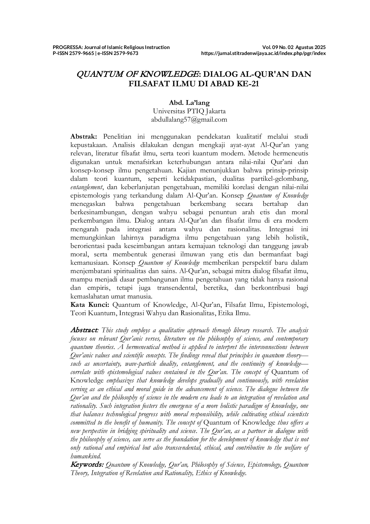 JURIS Quantum Of Knowledge Dialog Al Qur an Dan Filsafat Ilmu Di Abad Ke 21