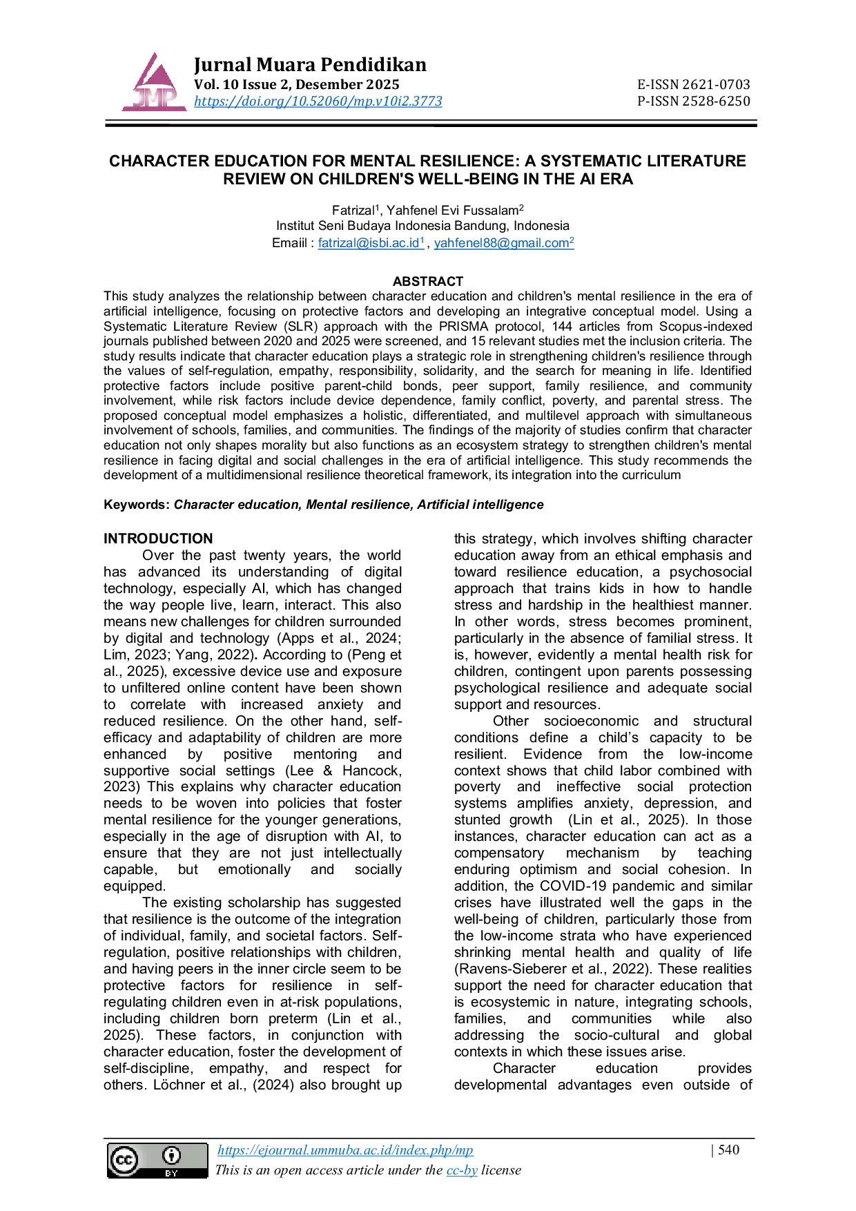 JURIS CHARACTER EDUCATION FOR MENTAL RESILIENCE A SYSTEMATIC LITERATURE REVIEW ON CHILDREN S WELL BEING IN THE AI ERA