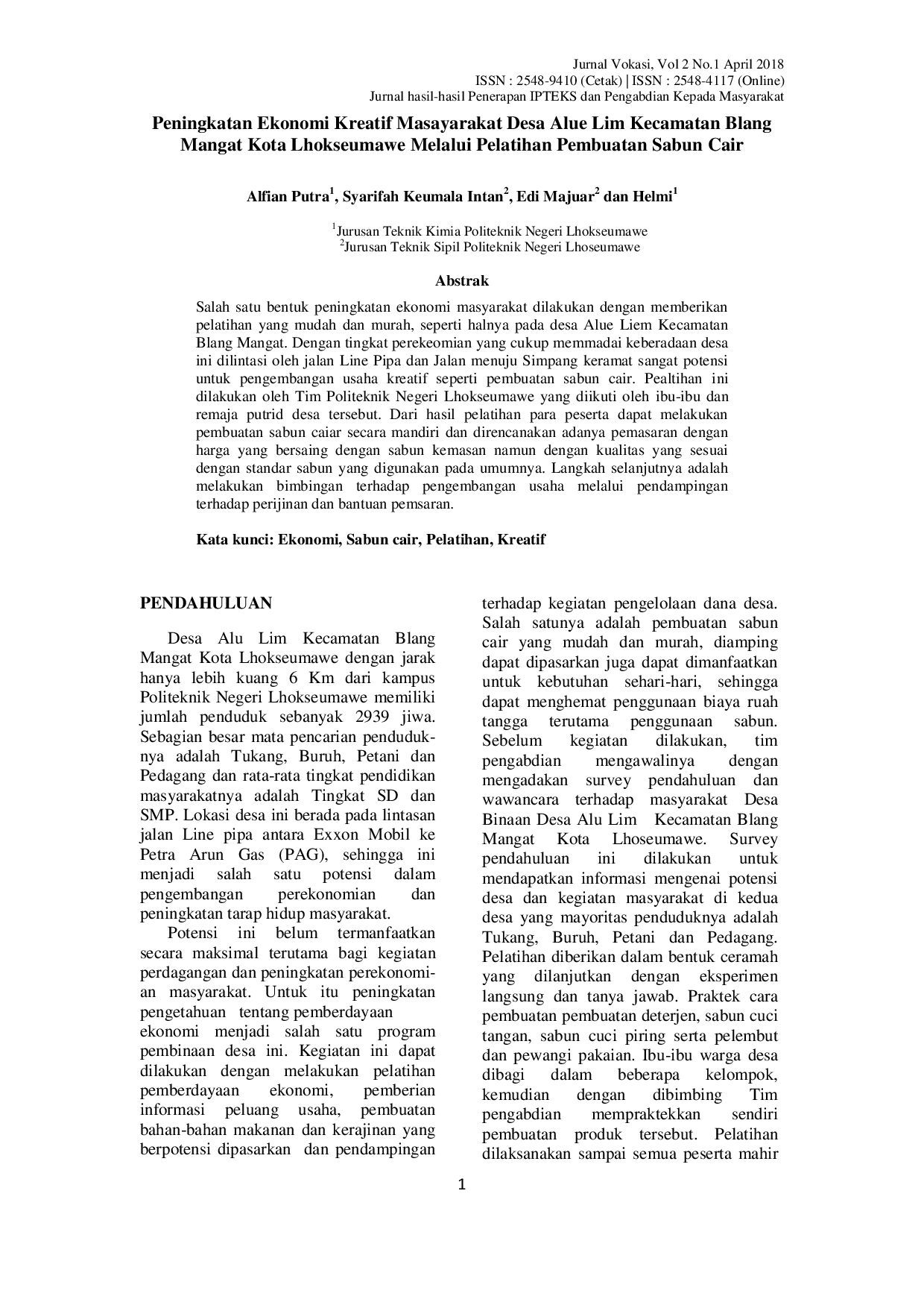 JURIS Peningkatan Ekonomi Kreatif Masyarakat Desa Alue Lim Kecamatan Blang Mangat Kota Lhokseumawe Melalui Pelatihan Pembuatan Sabun Cair