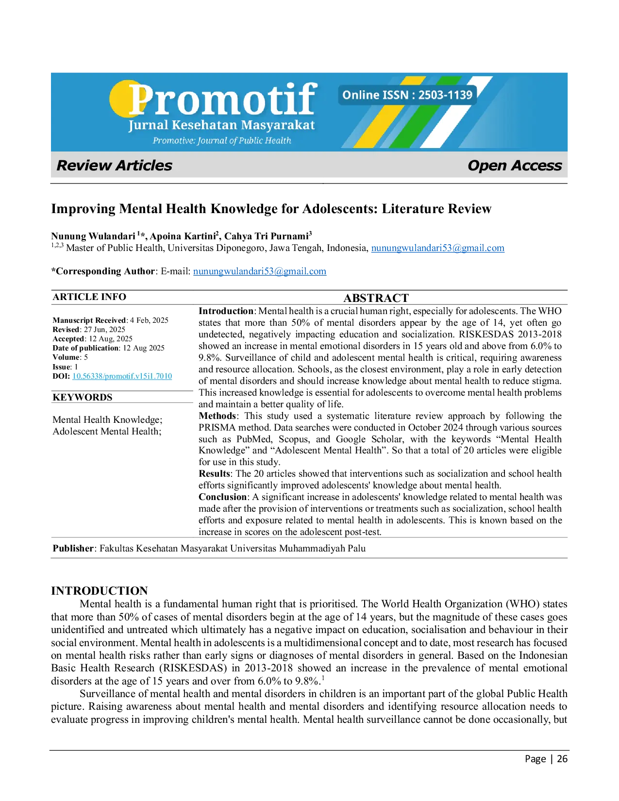 JURIS Improving Mental Health Knowledge for Adolescents Literature Review Peningkatan Pengetahuan Kesehatan Mental untuk Remaja Tinjauan Pustaka