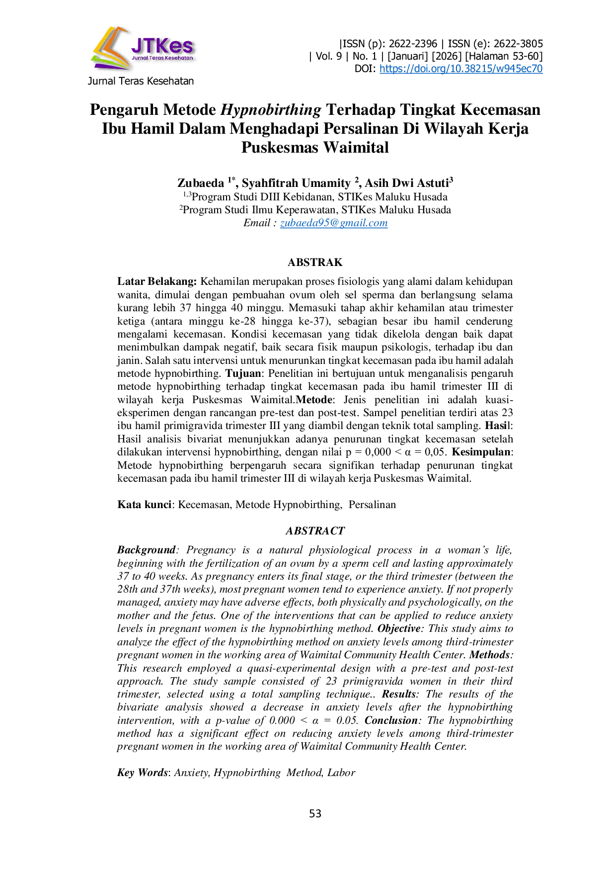 JURIS Pengaruh Metode Hypnobirthing Terhadap Tingkat Kecemasan Ibu Hamil Dalam Menghadapi Persalinan Di Wilayah Kerja Puskesmas Waimital