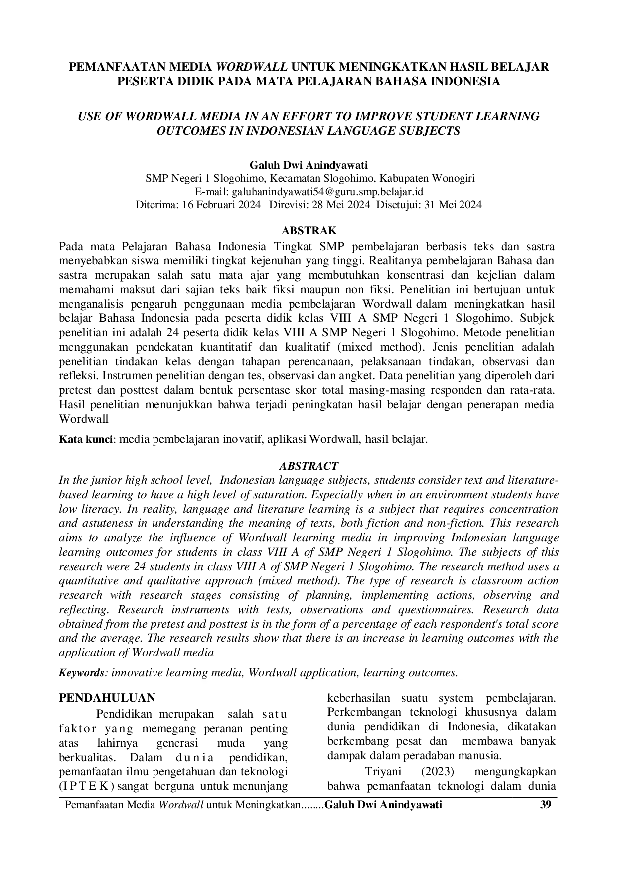 JURIS Pemanfaatan Media Wordwall Untuk Meningkatkan Hasil Belajar Peserta Didik Pada Mata Pelajaran Bahasa Indonesia