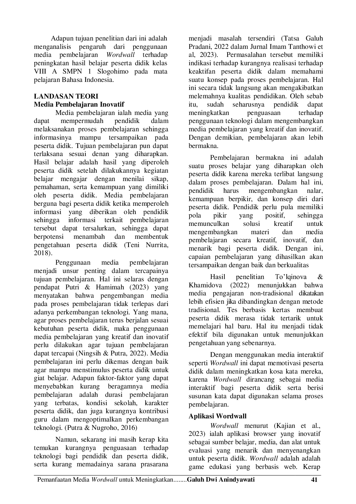 JURIS Pemanfaatan Media Wordwall Untuk Meningkatkan Hasil Belajar Peserta Didik Pada Mata Pelajaran Bahasa Indonesia