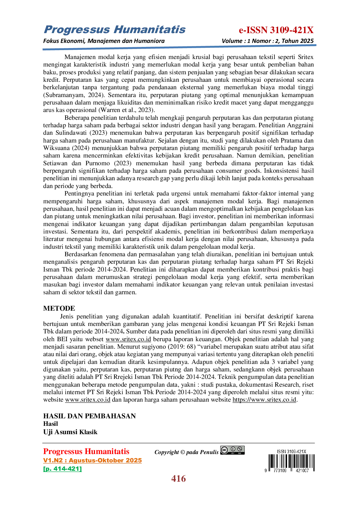 JURIS Pengaruh Perputaran Kas Perputaran Piutang Terhadap Harga Saham Pada PT Sri Rejeki Isman Tbk SRITEX Periode 2014 2024