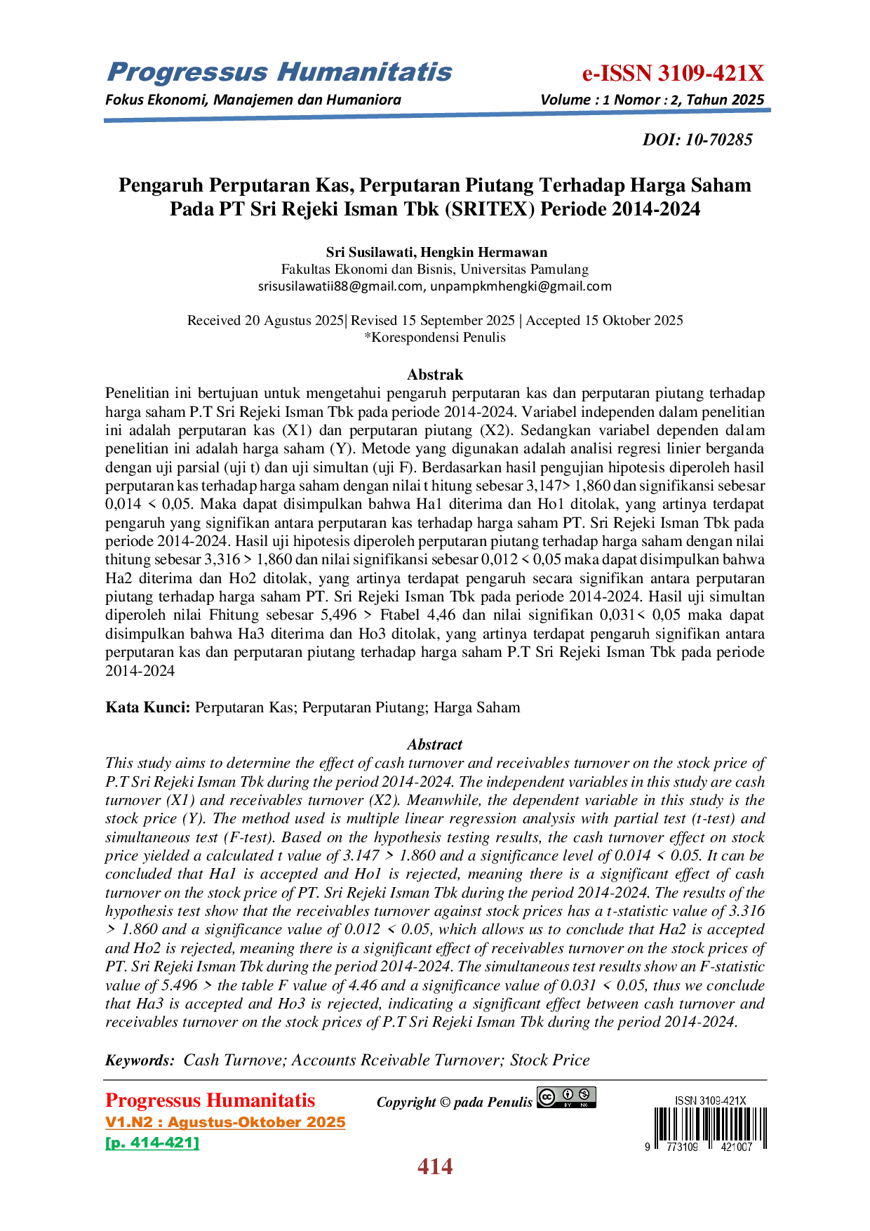 JURIS Pengaruh Perputaran Kas Perputaran Piutang Terhadap Harga Saham Pada PT Sri Rejeki Isman Tbk SRITEX Periode 2014 2024