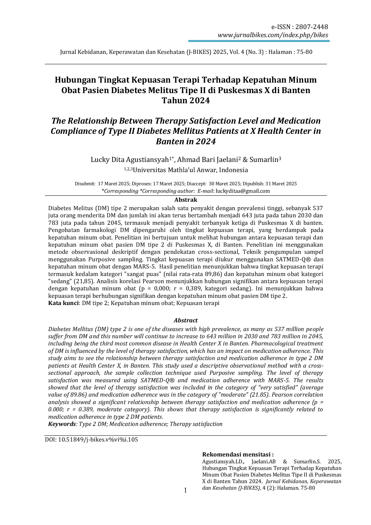 JURIS Hubungan Tingkat Kepuasan Terapi Terhadap Kepatuhan Minum Obat Pasien Diabetes Melitus Tipe II di Puskesmas X di Banten Tahun 2024