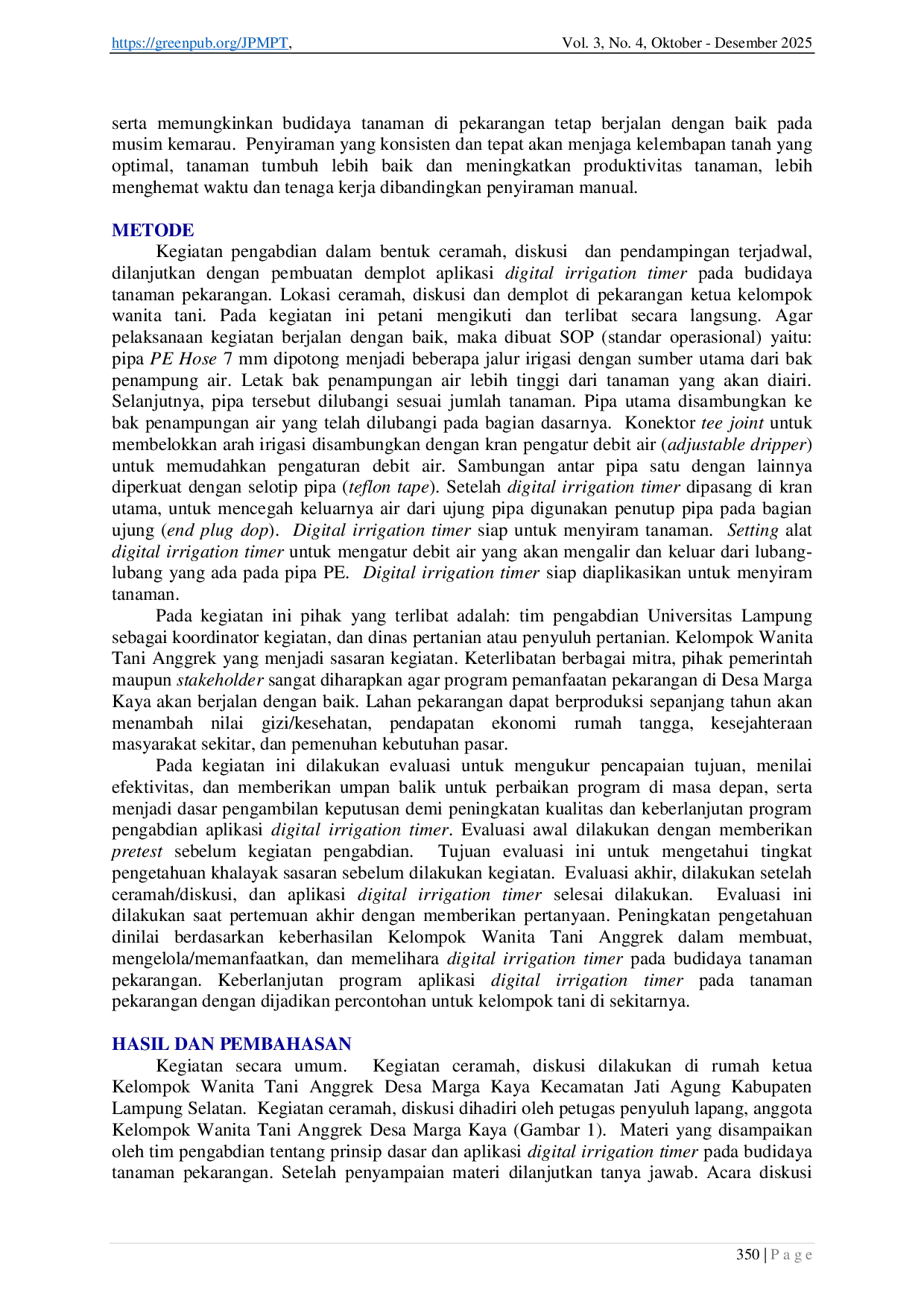 JURIS Aplikasi Digital Irrigation Timer pada Budidaya Tanaman Pekarangan di Kelompok Wanita Tani Anggrek Desa Marga Kaya Kecamatan Jati Agung Kabupaten Lampung Selatan