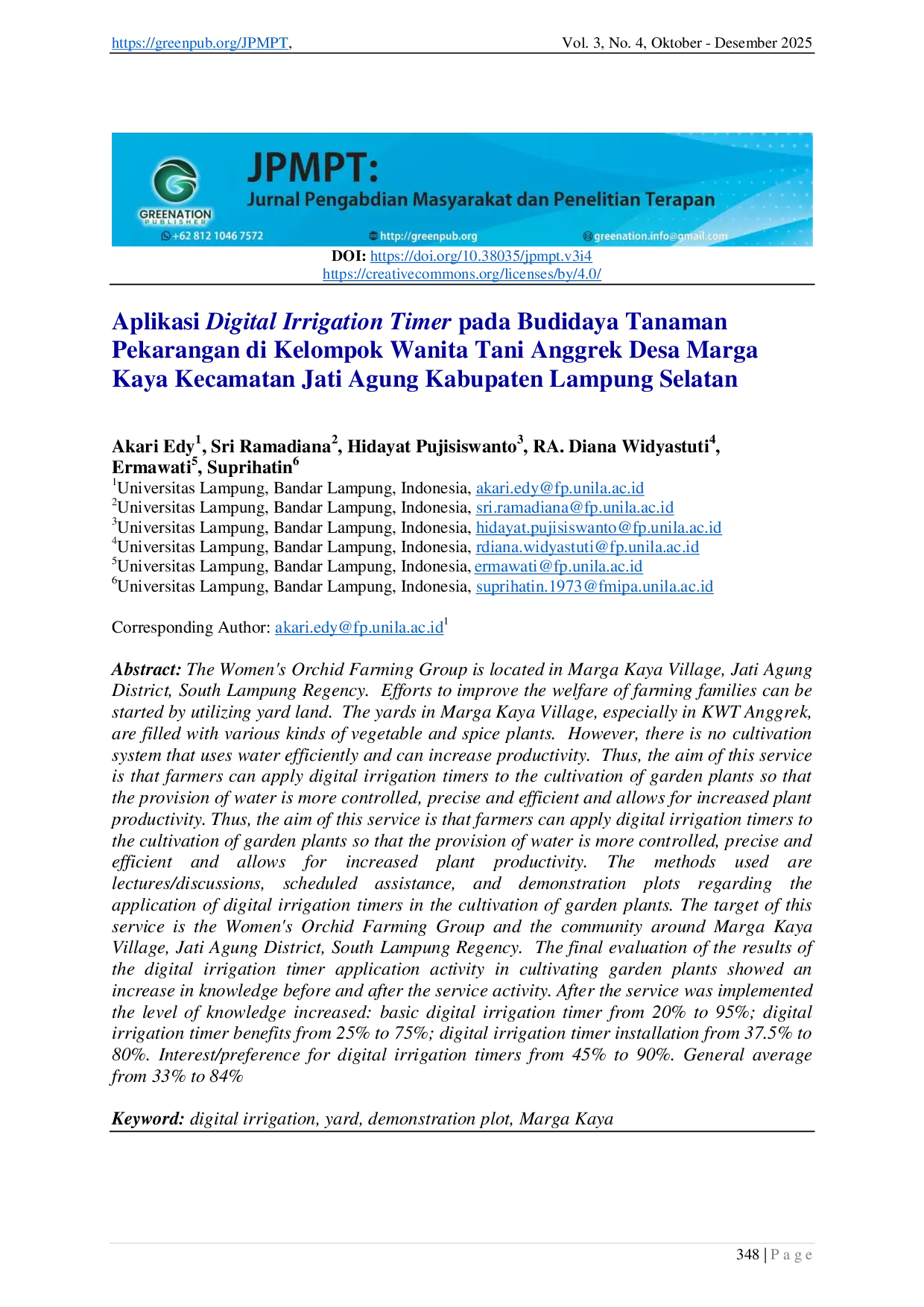 JURIS Aplikasi Digital Irrigation Timer pada Budidaya Tanaman Pekarangan di Kelompok Wanita Tani Anggrek Desa Marga Kaya Kecamatan Jati Agung Kabupaten Lampung Selatan