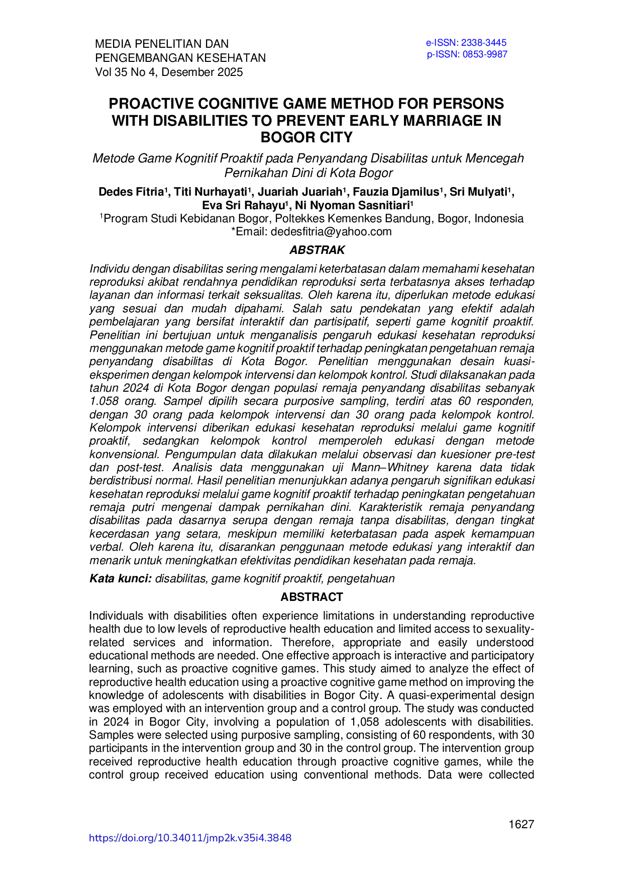 JURIS Metode Game Kognitif Proaktif pada Penyandang Disabilitas untuk Mencegah Pernikahan Dini di Kota Bogor