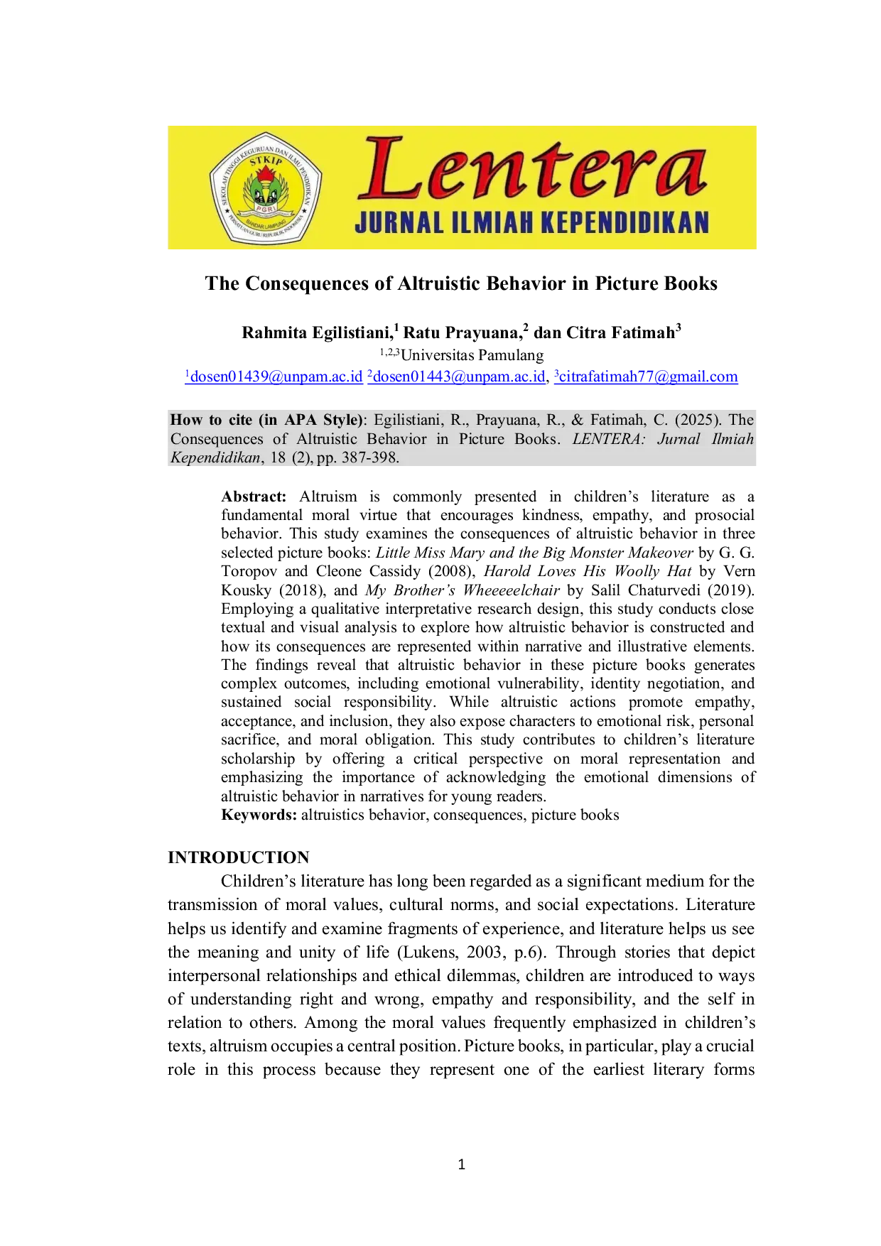 JURIS The Consequences of Altruistic Behavior in Three Selected Picture Books