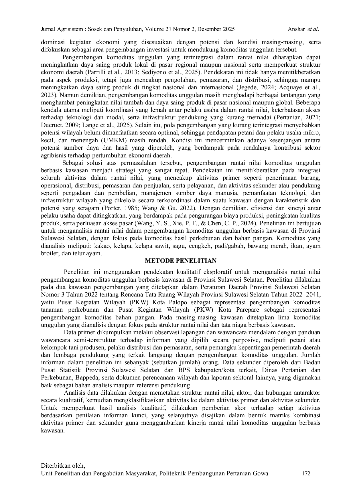JURIS RANTAI NILAI PENGEMBANGAN KOMODITI UNGGULAN BERBASIS KAWASAN DI PROVINSI SULAWESI SELATAN Value Chain On Leading Commodity Development Based On Regions In South Sulawesi Province