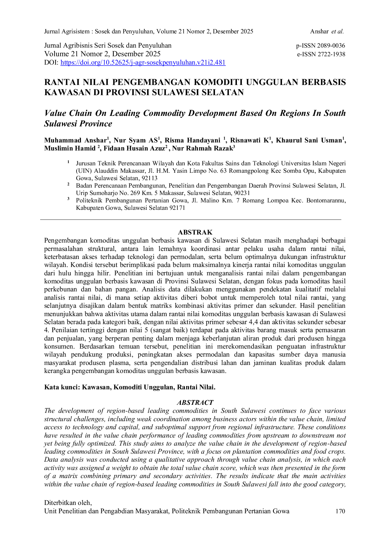 JURIS RANTAI NILAI PENGEMBANGAN KOMODITI UNGGULAN BERBASIS KAWASAN DI PROVINSI SULAWESI SELATAN Value Chain On Leading Commodity Development Based On Regions In South Sulawesi Province