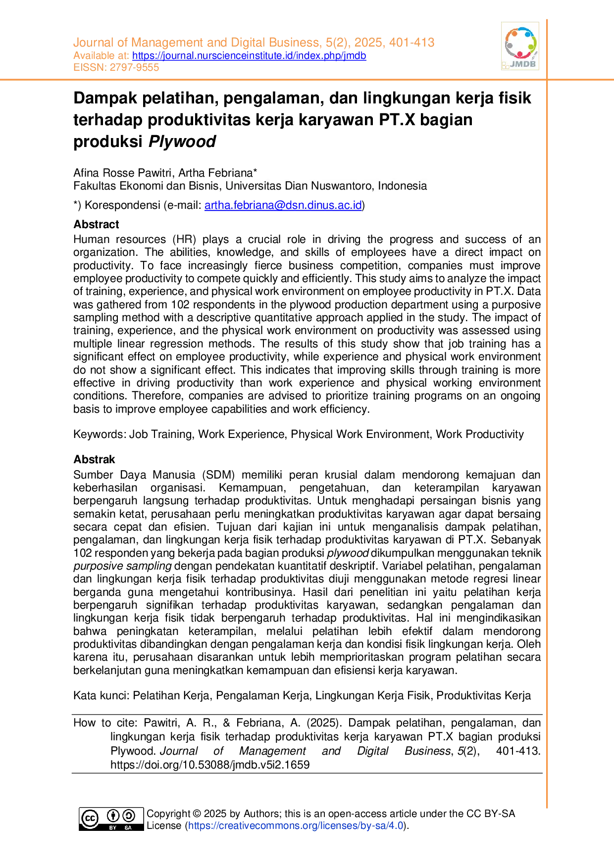 JURIS Dampak pelatihan pengalaman dan lingkungan kerja fisik terhadap produktivitas kerja karyawan PT X bagian produksi Plywood
