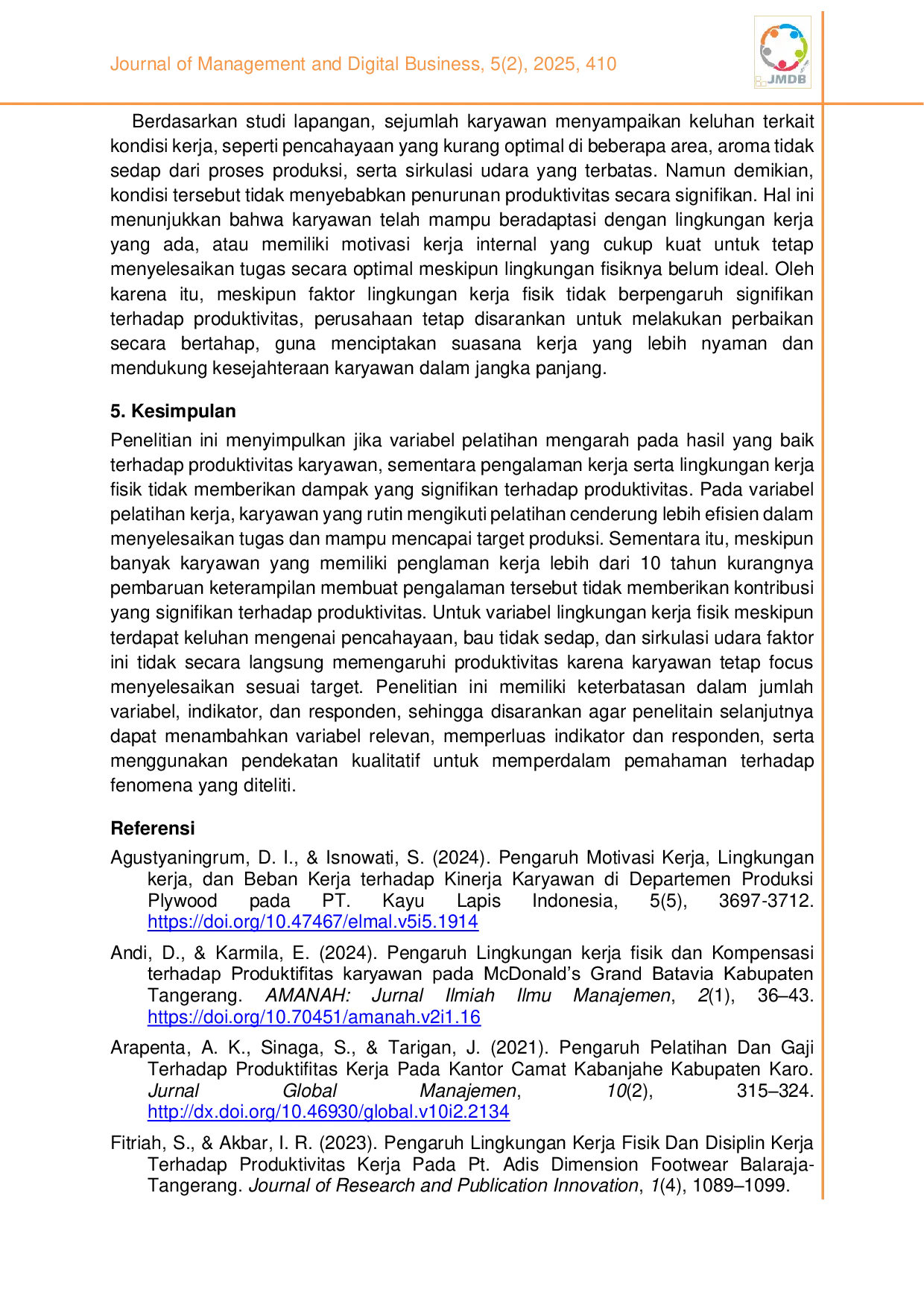 JURIS Dampak pelatihan pengalaman dan lingkungan kerja fisik terhadap produktivitas kerja karyawan PT X bagian produksi Plywood