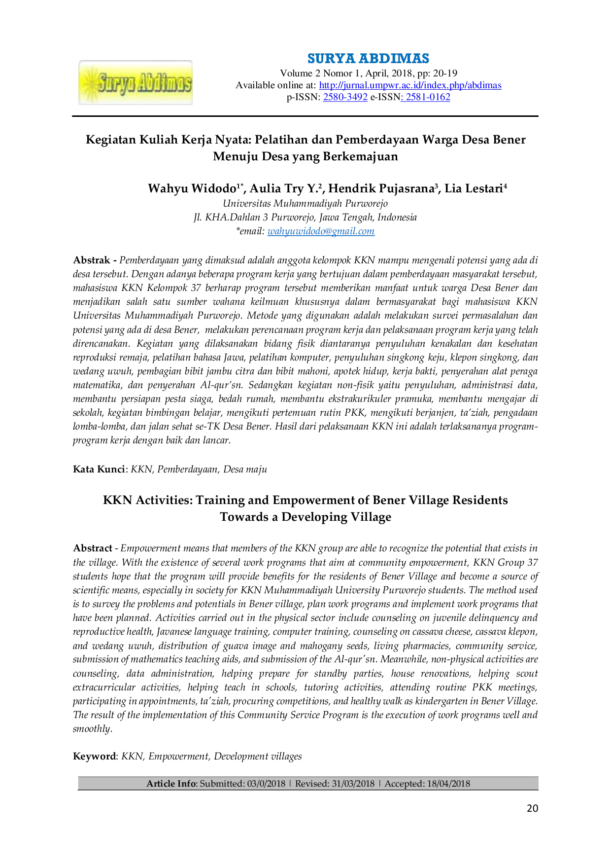 JURIS Kegiatan Kuliah Kerja Nyata Pelatihan dan Pemberdayaan Warga Desa Bener Menuju Desa yang Berkemajuan