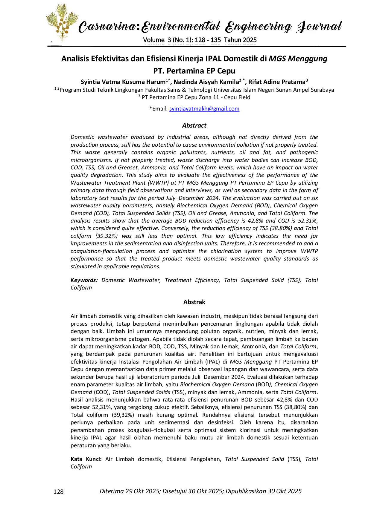 JURIS Analisis Efektivitas dan Efisiensi Kinerja IPAL Domestik di MGS Menggung PT Pertamina EP Cepu Bahasa Indonesia