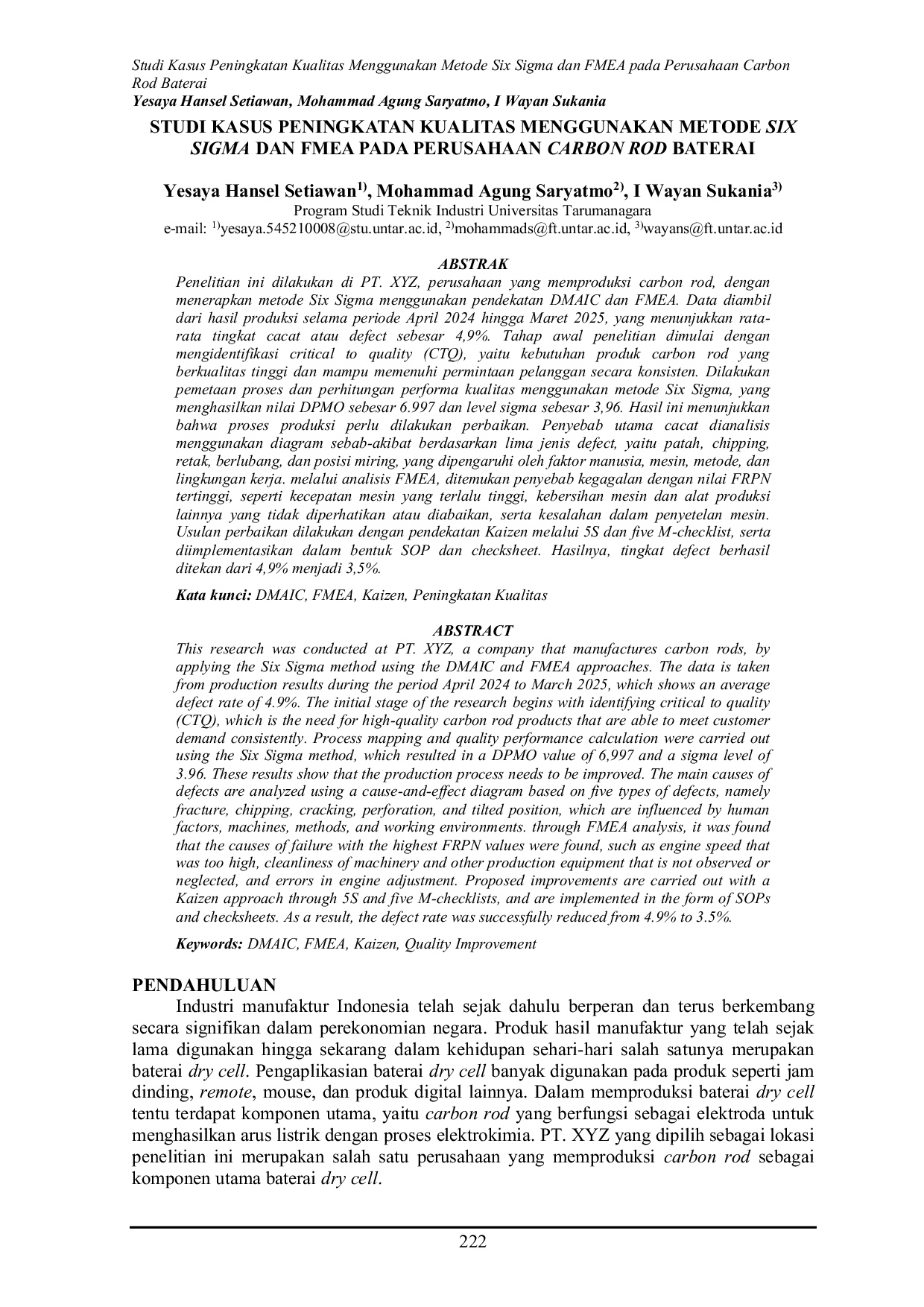 JURIS Studi Kasus Peningkatan Kualitas Menggunakan Metode Six Sigma Dan Fmea Pada Perusahaan Carbon Rod Baterai