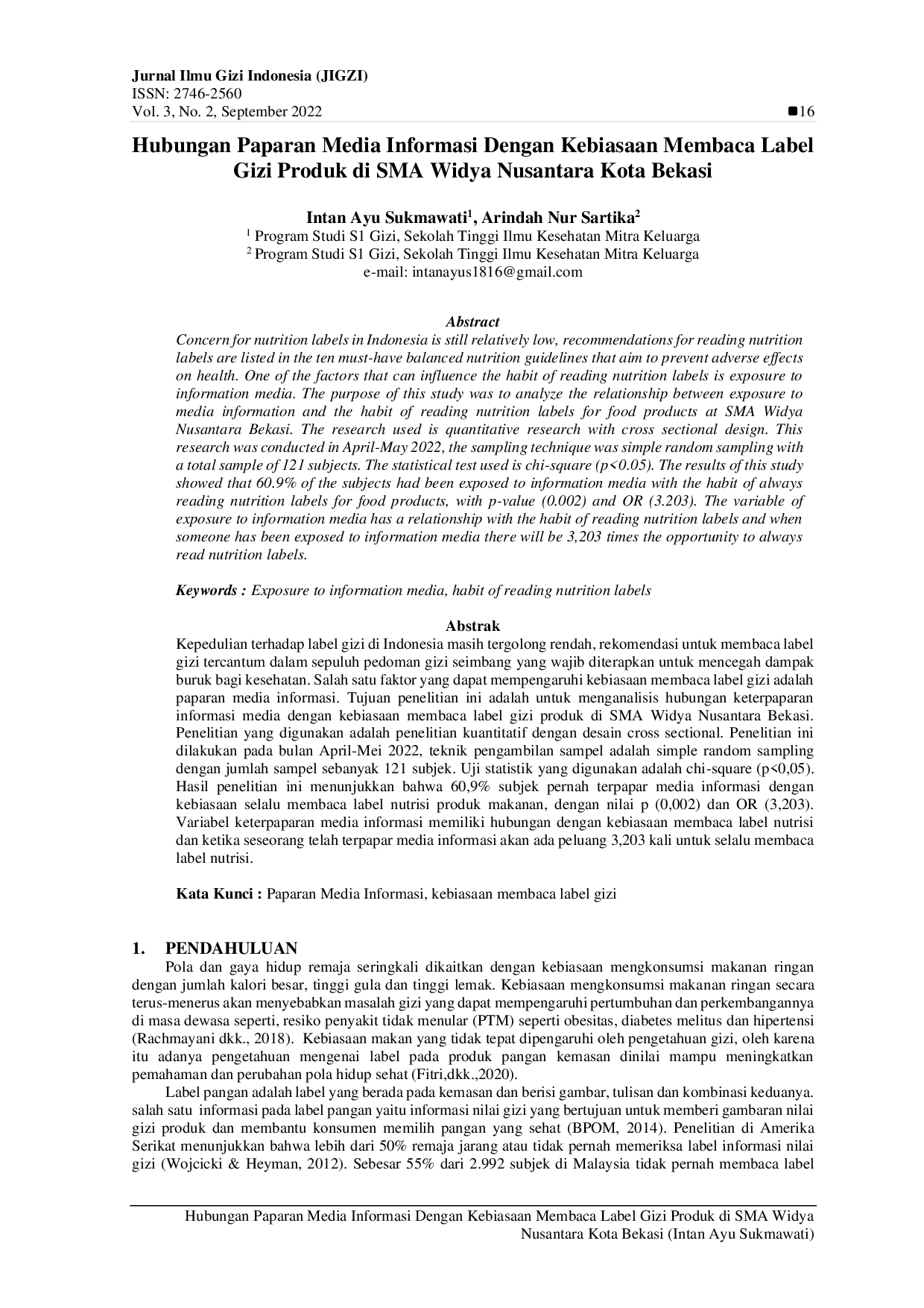 JURIS Hubungan Paparan Media Informasi Dengan Kebiasaan Membaca Label Gizi Produk di SMA Widya Nusantara