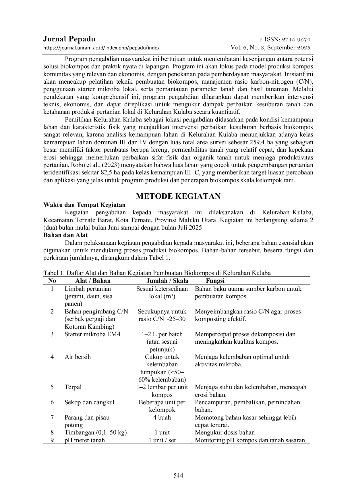 JURIS Pemanfaatan Biokompos dari Limbah Pertanian untuk Meningkatkan Kesuburan Lahan Pertanian di Kelurahan Kulaba